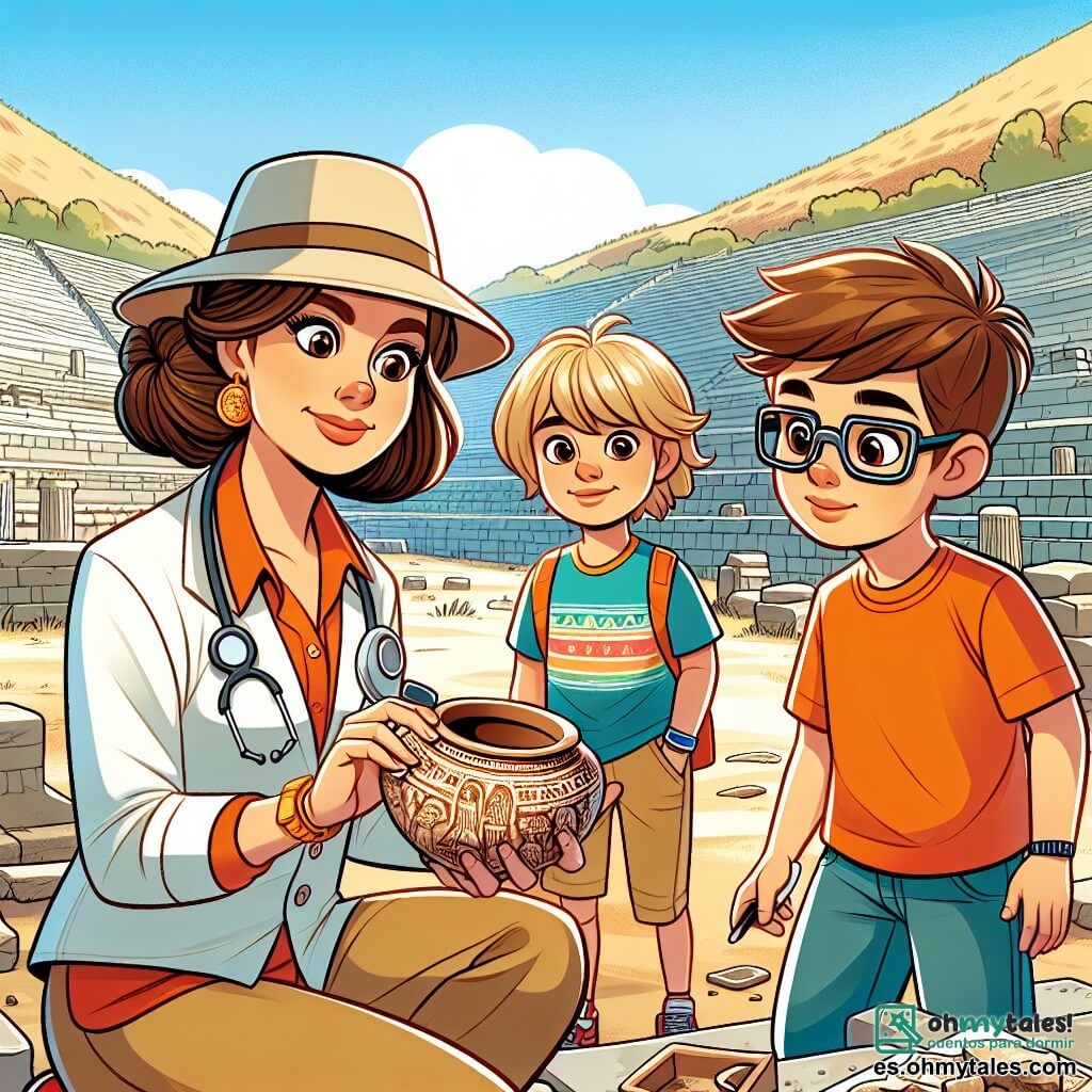 Une illustration sous forme de dessin destinée aux enfants représentant un site archéologique ensoleillé en Italie, avec des ruines anciennes et des outils d'excavation éparpillés sur le sol, mettant en scène une jeune femme aux cheveux bruns attachés en chignon, portant un chapeau d'exploratrice et une chemise à manches longues, en train de délicatement nettoyer un fragment de céramique, tandis qu'à ses côtés, deux garçons aux cheveux blonds et châtains, l'un portant des lunettes et l'autre un t-shirt coloré, l'observent avec émerveillement, tous trois plongés dans la découverte d'objets précieux qui révèlent les mystères de la civilisation étrusque.