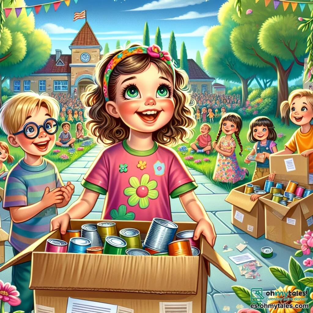 Ilustración que representa una escena vibrante en una escuela al aire libre, con niños reunidos alrededor de grandes cajas de cartón llenas de comida. Al fondo, árboles frondosos y flores coloridas añaden un toque de alegría al entorno. En primer plano, una niña de 9 años, con cabello rizado castaño y ojos brillantes, sonríe con entusiasmo mientras sostiene una caja de comida. Lleva una camiseta colorida y un short, y parece llena de energía y determinación. A su lado, un niño de 10 años, con cabello rubio corto y gafas, mira con admiración, sosteniendo un cartel hecho a mano que anuncia la recolección de alimentos. Otra niña, de 9 años, con trenzas y un vestido de flores, distribuye volantes a los padres que llegan. La escena es animada, llena de risas y camaradería, ilustrando el espíritu de solidaridad y ayuda en la comunidad. Globos coloridos flotan en el aire, añadiendo un ambiente festivo al evento.