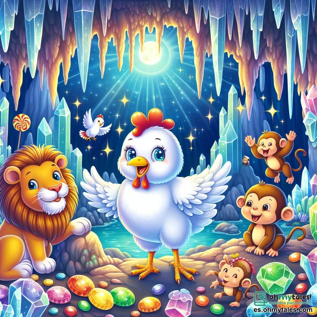 Ilustración que representa una cueva misteriosa, con paredes brillantes de cristales relucientes y estalactitas que cuelgan como gotas de lluvia. En el centro, una gallina de plumaje blanco brillante, con ojos chispeantes de curiosidad, se erige orgullosa, con las alas ligeramente abiertas, lista para contar una historia. A su lado, un león de crines doradas, con una expresión amistosa y juguetona, y una tortuga de caparazón colorido, que sonríe con sabiduría, escuchan atentamente. Al fondo, monos traviesos ríen y se divierten, añadiendo un toque de dinamismo a la escena. La gallina está contando una historia cautivadora, rodeada de golosinas coloridas, mientras la luz de la luna ilumina la cueva, creando una atmósfera mágica y alegre.