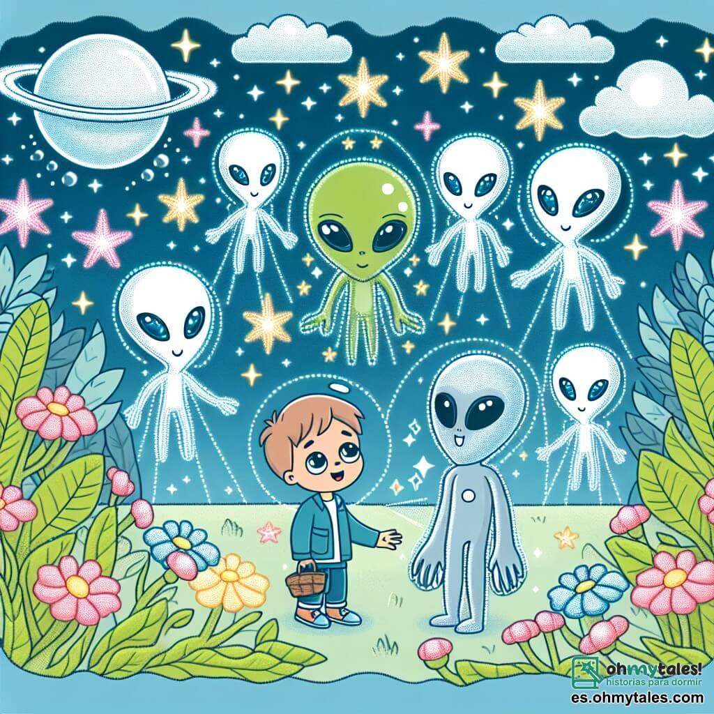 Une illustration destinée aux enfants représentant un garçon rêveur, une rencontre avec des extraterrestres, une extraterrestre brillante aux yeux étincelants et un jardin intergalactique parsemé de fleurs lumineuses et d'étoiles scintillantes sur le planète Luminia.