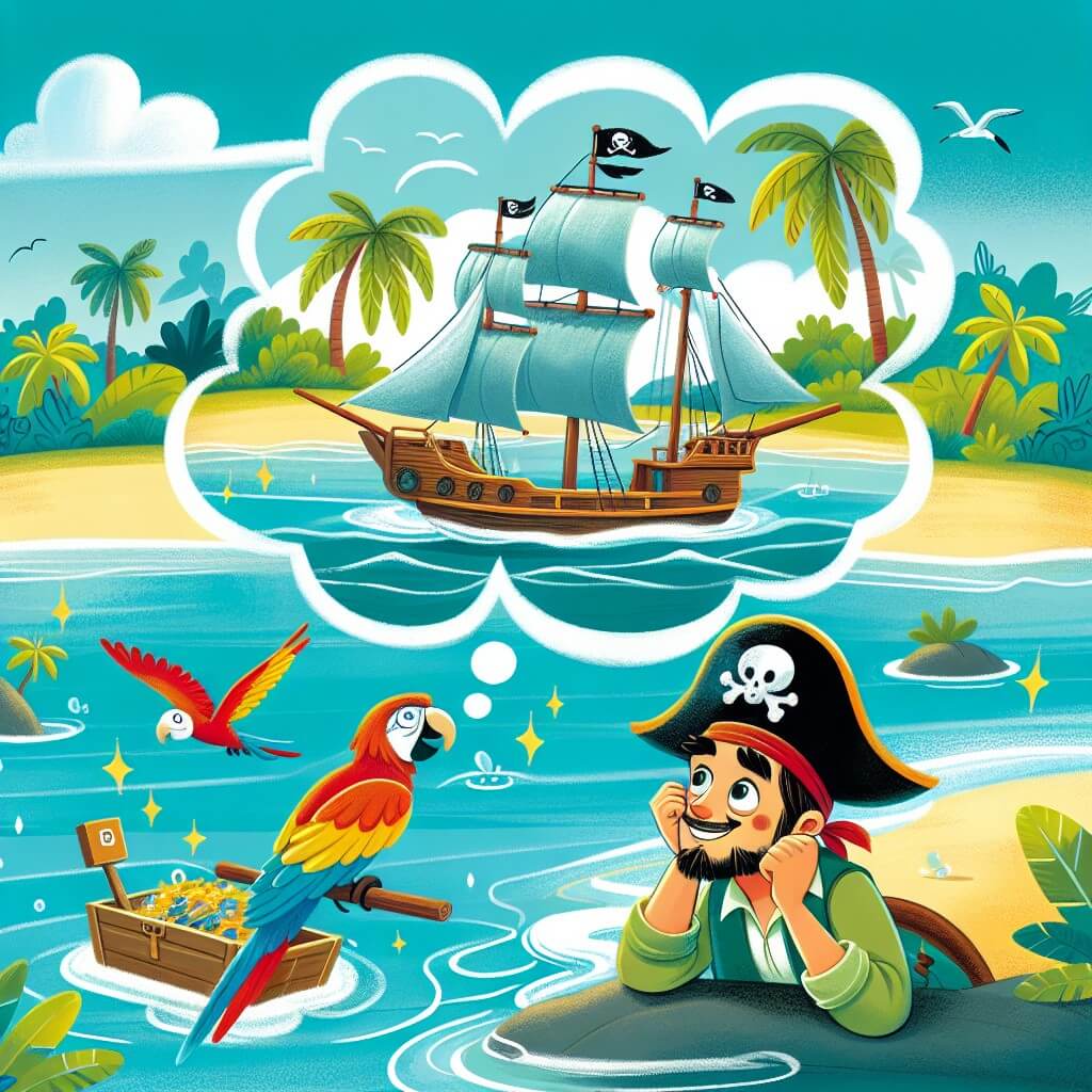 Une illustration destinée aux enfants représentant un homme courageux, rêvant d'aventures en tant que pirate, naviguant sur son bateau à voiles majestueux au milieu d'un océan turquoise, accompagné de son fidèle perroquet, à la recherche d'un trésor légendaire caché sur une île luxuriante et mystérieuse.