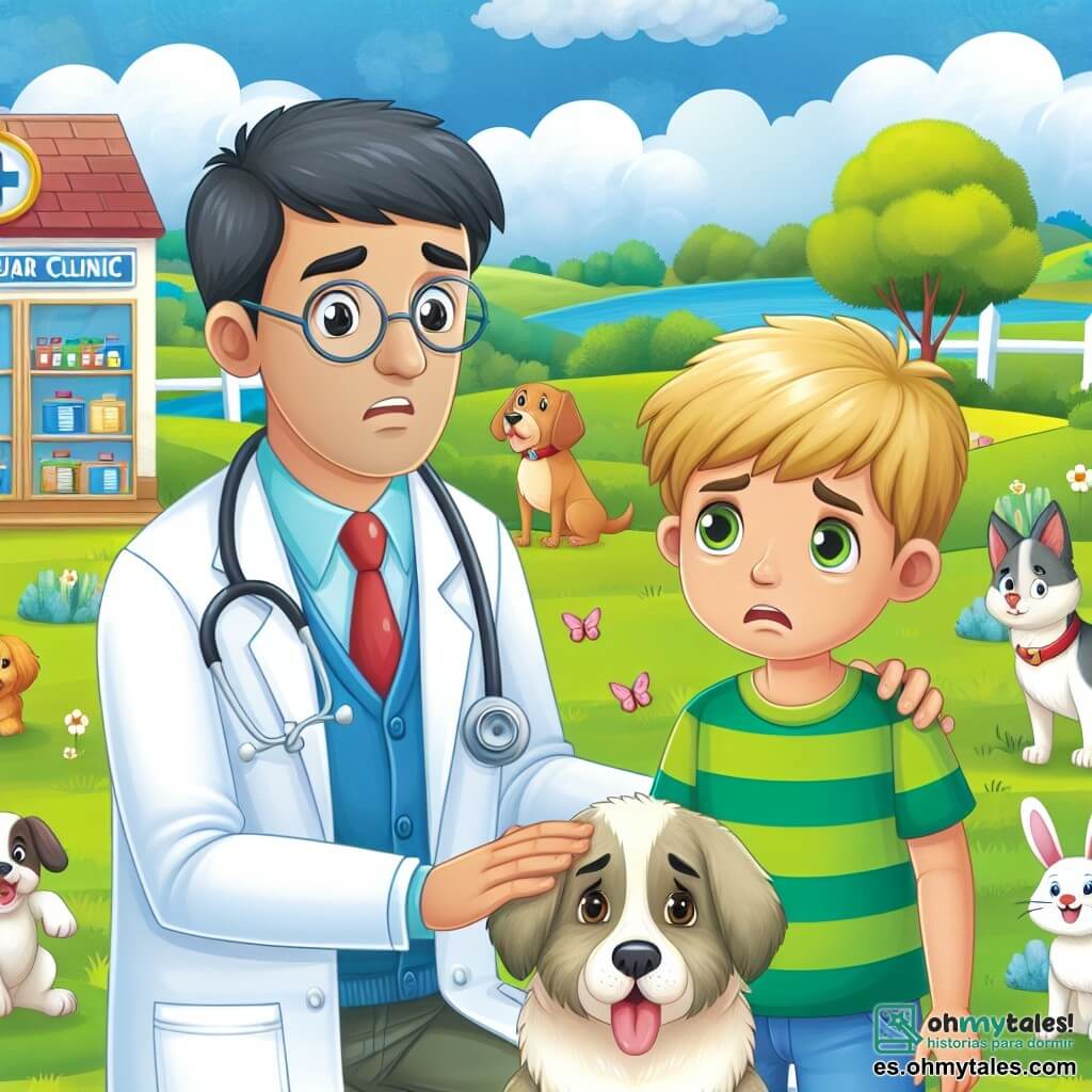 Une illustration destinée aux enfants représentant un homme vétérinaire bienveillant, un garçon inquiet et son chien, dans une clinique vétérinaire colorée et chaleureuse entourée de champs verdoyants et d'animaux joyeux.