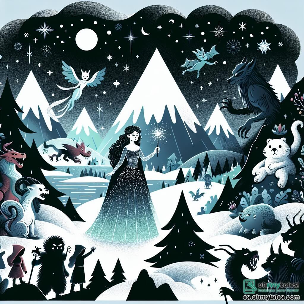 Une illustration destinée aux enfants représentant une femme mystérieuse, vêtue d'une robe scintillante, tenant une baguette magique, se tenant au sommet d'une montagne enneigée, entourée de créatures fantastiques, dans un royaume lointain plongé dans la brume et l'obscurité.