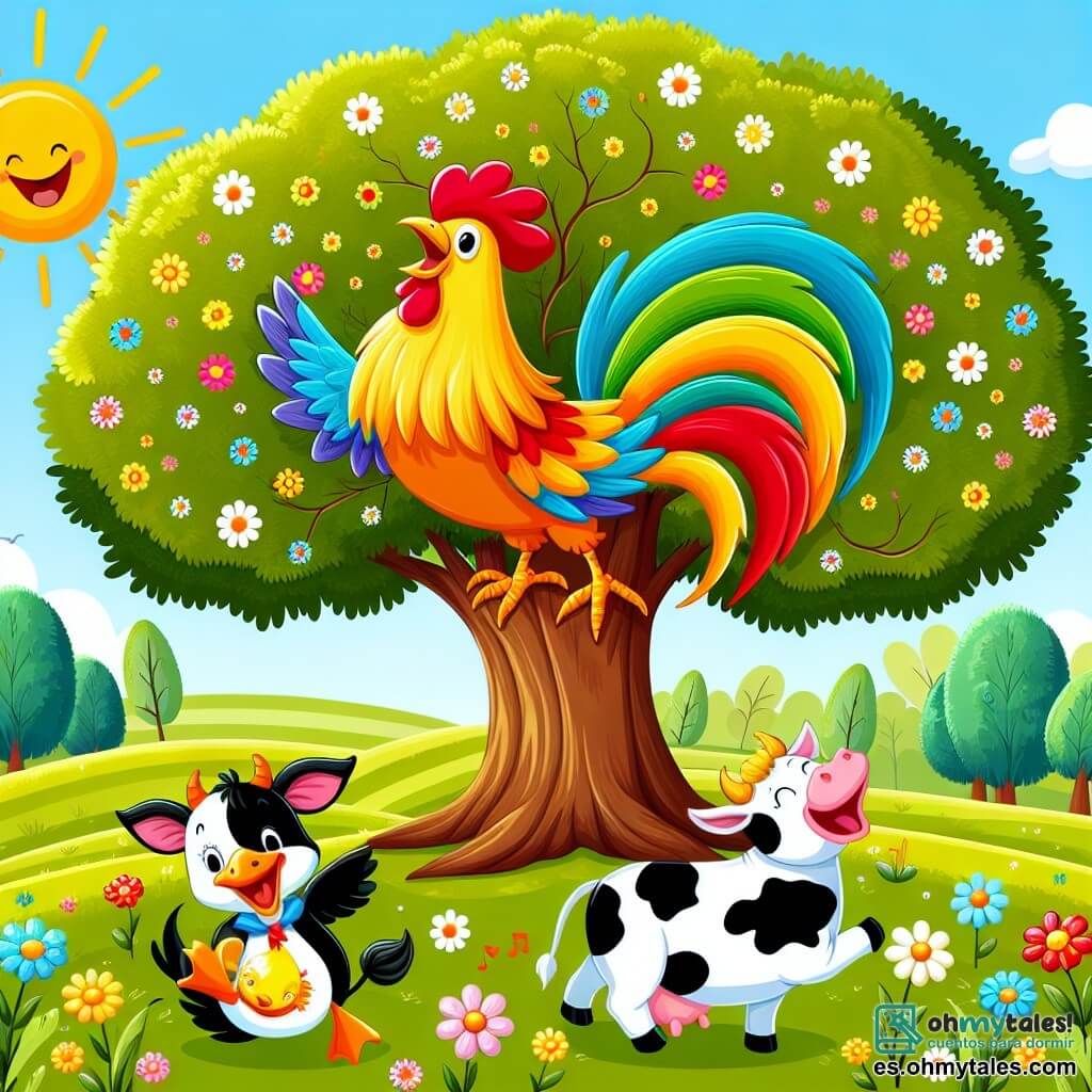 Une illustration sous forme de dessin destinée aux enfants représentant un grand arbre majestueux au milieu d'un champ verdoyant, avec un coq coloré aux plumes éclatantes, debout sur une branche en train de chanter joyeusement, tandis qu'une vache aux taches blanches et noires, souriante, et un canard aux plumes jaunes, sautillant, l'écoutent avec enthousiasme, tous préparant une fête pleine de couleurs, de fleurs et de rires sous un ciel bleu ensoleillé.