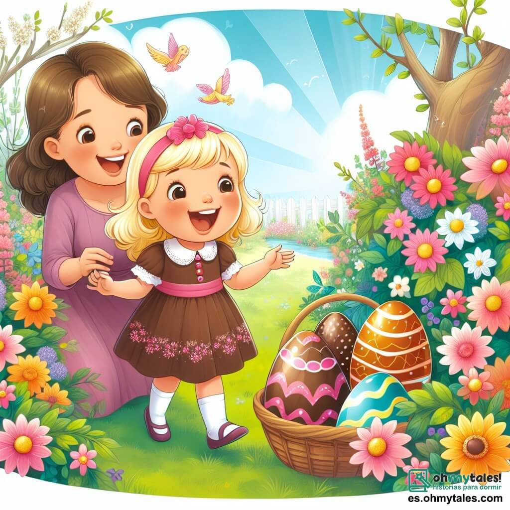 Une illustration destinée aux enfants représentant une fillette excitée à l'idée de chercher des œufs de Pâques en chocolat dans un magnifique jardin fleuri, accompagnée de sa maman encourageante.