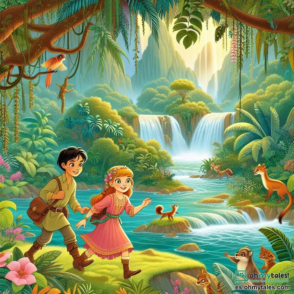 Une illustration destinée aux enfants représentant une petite fille courageuse, accompagnée de ses amis, un garçon malicieux et une fille astucieuse, explorant une selva luxuriante remplie de plantes exotiques, cascades scintillantes et animaux curieux.