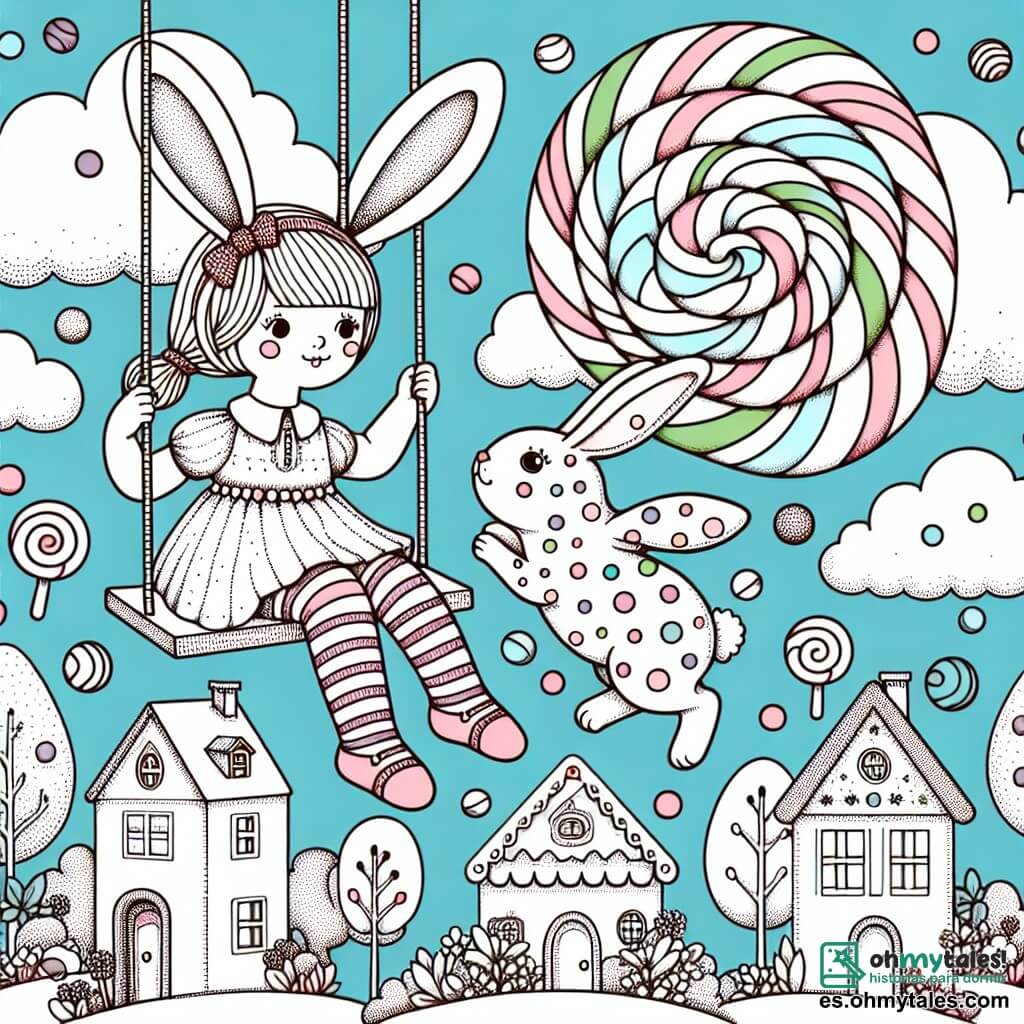 Une illustration destinée aux enfants représentant une fillette portant des chaussettes rayées, se balançant sur un nuage en compagnie d'un lapin volant à pois multicolores, dans un village en bonbons où les maisons sont en forme de sucettes géantes et les arbres poussent des bonbons acidulés.