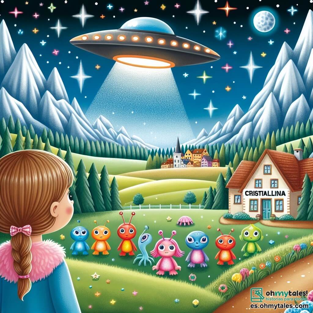 Une illustration destinée aux enfants représentant une fillette curieuse observant une soucoupe volante atterrir dans un champ, accompagnée de créatures extraterrestres aux couleurs vives, sur un petit village nommé Cristalina entouré de montagnes scintillantes et de ciels étoilés.