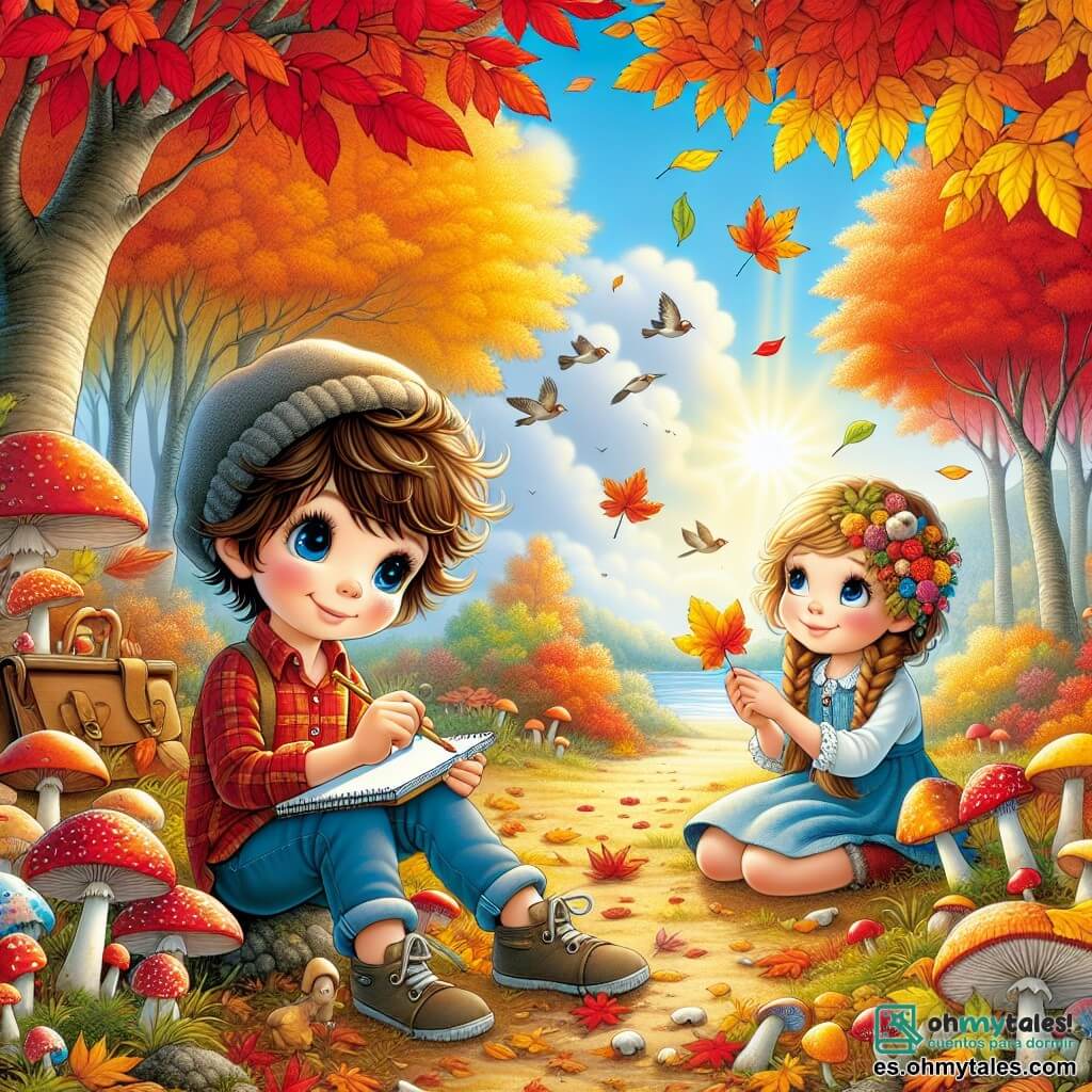 Ilustración que representa un hermoso claro en otoño, con árboles cuyas hojas brillan en rojo, naranja y amarillo, salpicado de hongos coloridos y hojas que caen suavemente al suelo. En el centro de la escena, un niño de 11 años, con el cabello castaño desordenado y ojos brillantes de curiosidad, está agachado, sosteniendo un pequeño cuaderno y un lápiz, dibujando hongos. Cerca de él, una niña de aproximadamente 6 años, con trenzas rubias y una sonrisa radiante, observa a su hermano con fascinación, sosteniendo una hoja dorada en sus manos. La situación principal muestra al niño absorto en su dibujo, mientras que la niña se maravilla con las maravillas de la naturaleza, creando una atmósfera alegre y llena de descubrimientos. En el fondo, los pájaros vuelan en el cielo azul y una suave brisa levanta algunas hojas, añadiendo un toque de magia a esta escena otoñal.