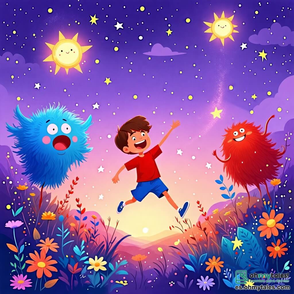 Une illustration sous forme de dessin destinée aux enfants représentant un paysage fantastique de Plutonia, avec un ciel violet parsemé de deux soleils brillants et des fleurs géantes aux couleurs vives, où un garçon de 6 ans aux cheveux châtains et aux yeux pétillants, vêtu d'un t-shirt rouge et d'un short bleu, court joyeusement en essayant d'attraper des étoiles scintillantes qui tombent du ciel, tandis qu'une petite créature bleue aux grands yeux ronds et un sourire amical, ainsi qu'une créature rouge et esponjosa avec des tentáculos, l'encouragent en riant, illustrant ainsi l'esprit d'amitié et d'aventure de cette rencontre intergalactique.
