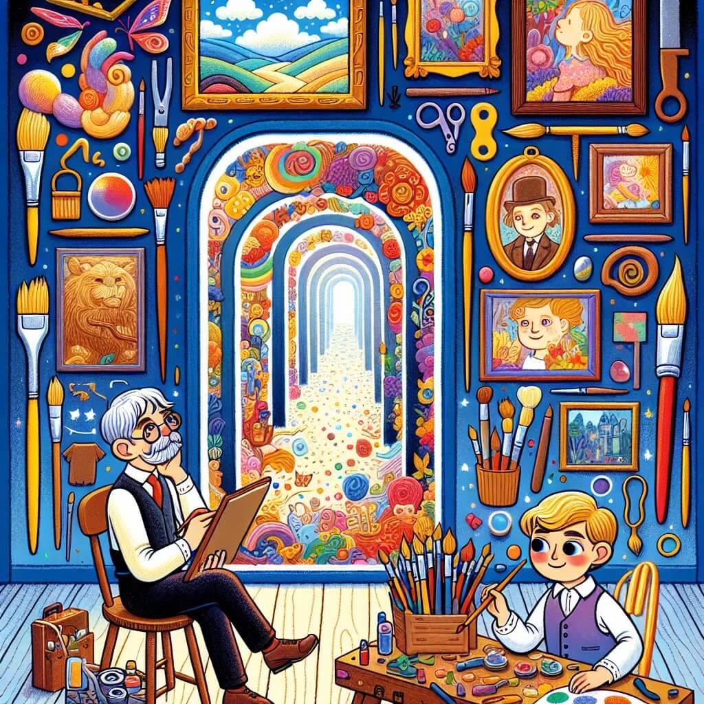 Une illustration destinée aux enfants représentant un artiste talentueux et rêveur, accompagné d'un petit garçon curieux, dans un atelier rempli de pinceaux colorés, toiles magiques et d'un passage secret menant à un interminable couloir rempli de cadres, où chaque œuvre est un portail vers un monde fantastique.