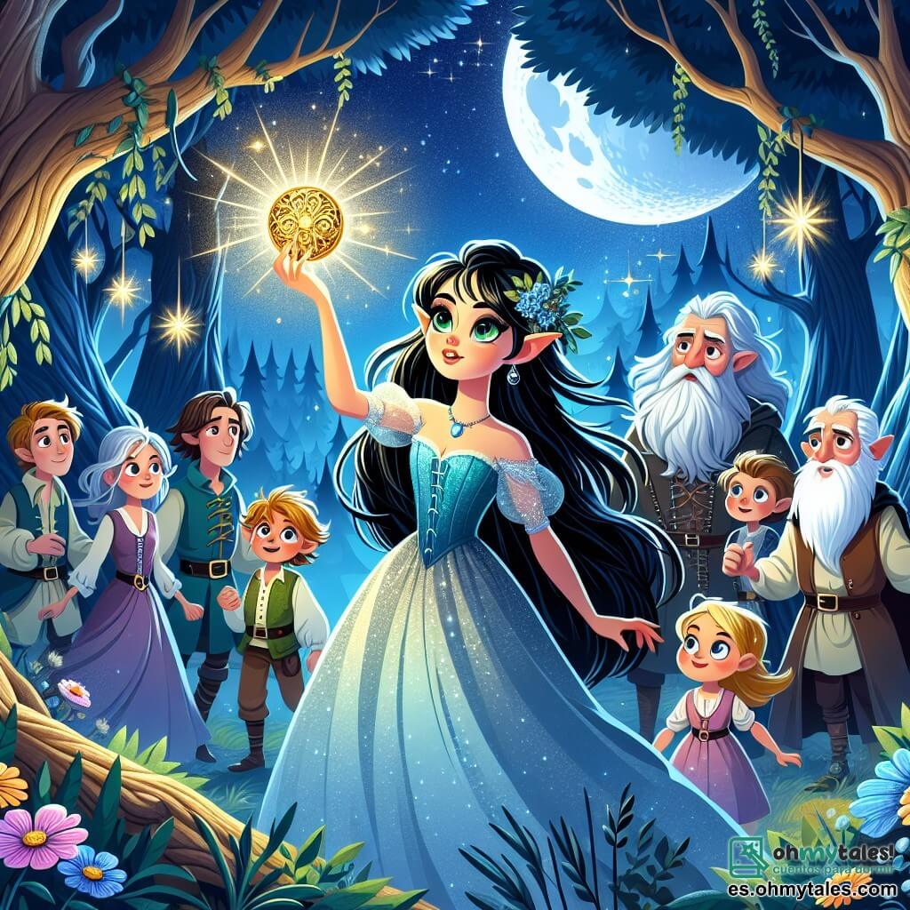 Ilustración que representa un claro de luna en un bosque encantado, donde árboles majestuosos con troncos gruesos se elevan hacia el cielo estrellado, sus hojas brillando como estrellas. En el centro, una joven con cabello negro como la noche y ojos verdes brillantes se sostiene con confianza, llevando un vestido ligero en tonos de azul y plata, sosteniendo un medallón dorado que brilla intensamente en su mano. A su lado, un grupo de aldeanos, incluyendo a un anciano con larga barba blanca y arrugas marcadas por el tiempo, así como una niña con cabello rubio y mejillas sonrosadas, miran con admiración y determinación. La mujer, con una mirada decidida, levanta el medallón hacia el cielo, liberando una luz mágica que ilumina el claro de luna, mientras los aldeanos están listos para defender su bosque. Flores coloridas y criaturas mágicas, como hadas con alas iridiscentes, flotan a su alrededor, añadiendo un toque de misterio y magia a la escena.