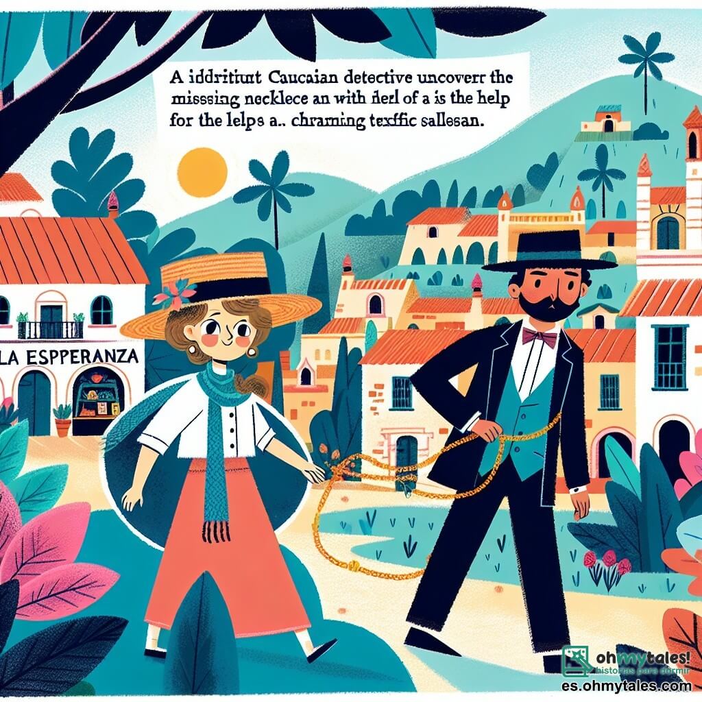 Une illustration destinée aux enfants représentant une femme détective intrépide, résolvant le mystère du collier disparu avec l'aide d'un vendeur de tissus charmant, dans le paisible village de Villa Esperanza, avec ses maisons colorées et ses jardins fleuris.