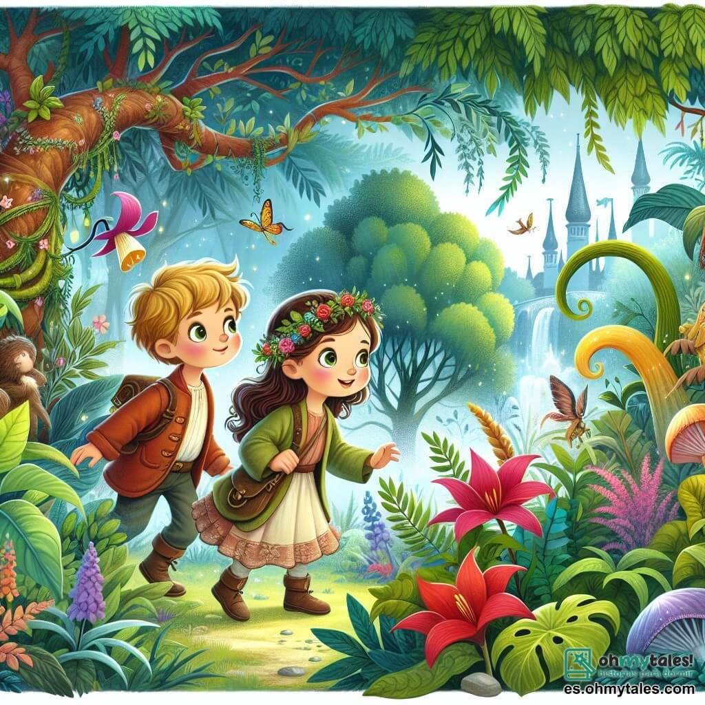 Une illustration destinée aux enfants représentant une petite fille curieuse et courageuse, accompagnée de son ami, un garçon intrépide, enquêtant dans un jardin enchanté rempli de plantes colorées et d'arbres majestueux.