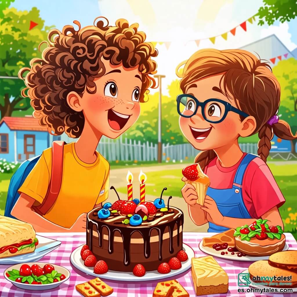 Une illustration sous forme de dessin destinée aux enfants représentant une scène colorée dans une cour d'école ensoleillée, où une fille de 10 ans aux cheveux bruns et bouclés, portant une t-shirt coloré et un sourire rayonnant, partage une délicieuse part de sa torta de chocolat avec un garçon aux cheveux blonds et aux yeux pétillants, qui rit en écoutant une blague, tandis qu'une fille d'origine asiatique, avec des lunettes et des tresses, les regarde avec curiosité, tous réunis autour d'une grande table décorée de plats traditionnels de différentes cultures, célébrant la diversité et l'amitié.