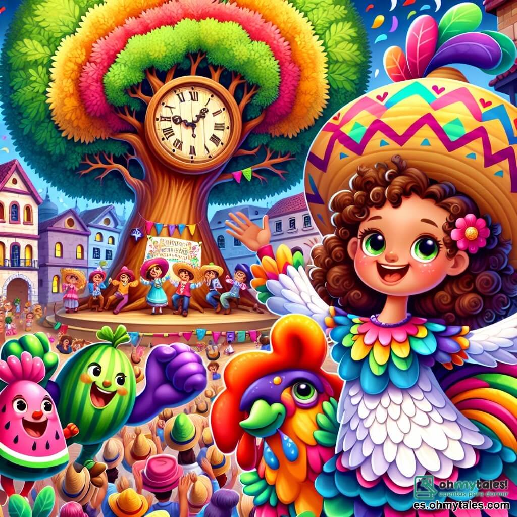 Une illustration sous forme de dessin destinée aux enfants représentant une scène colorée et ludique dans une place animée où un immense arbre aux feuilles multicolores abrite un grand horloge en bois, avec une fille de 11 ans aux cheveux bouclés et aux yeux pétillants, portant un sombrero coloré et riant joyeusement aux côtés d'un gallo élégant avec des plumes brillantes, qui chante avec entrain, alors qu'une foule de fruits et légumes animés, comme une carotte souriante et une pastèque juge, les applaudit lors d'un concours de rimes, créant une atmosphère de fête et de magie.