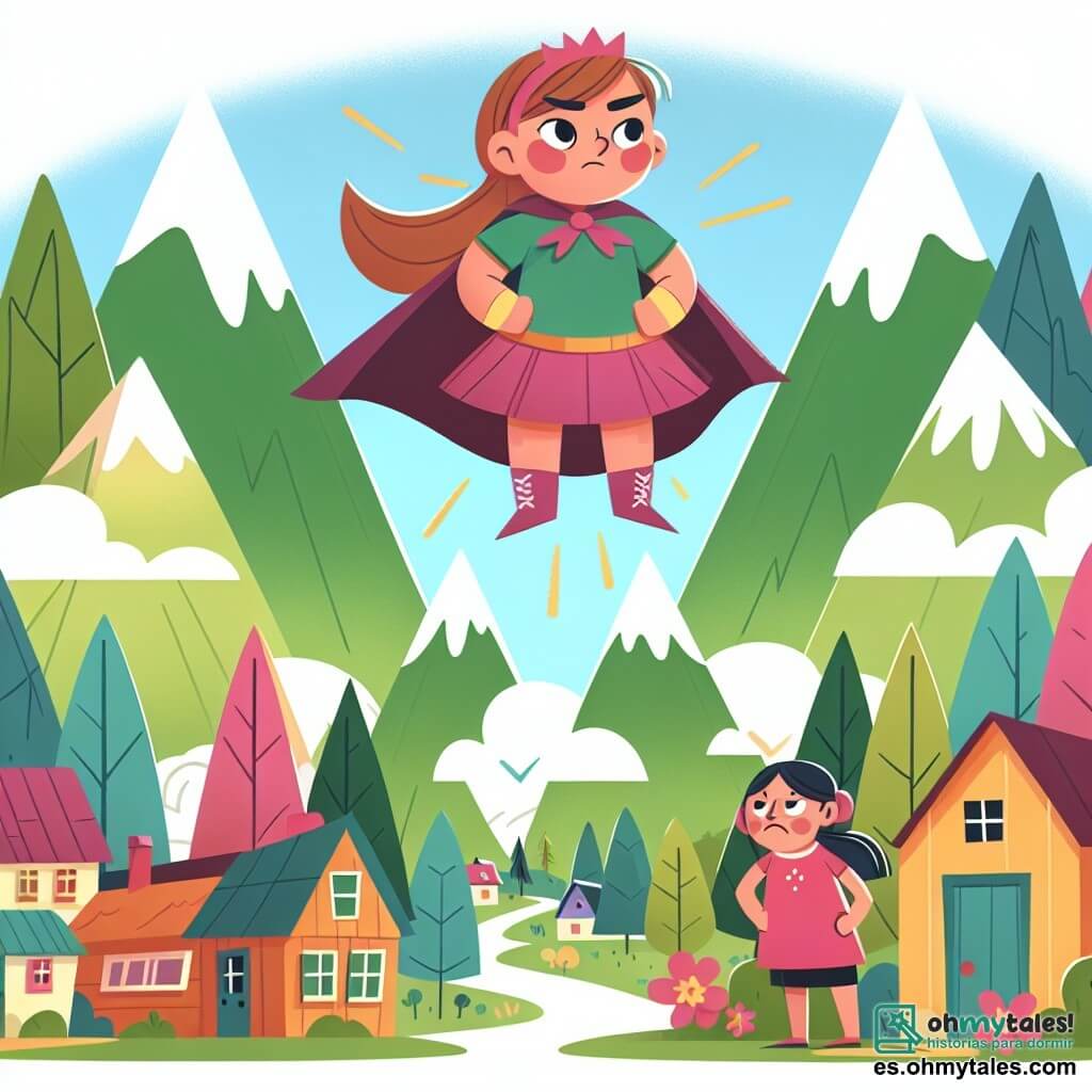 Une illustration destinée aux enfants représentant une petite fille courageuse défiant les stéréotypes de genre dans un village coloré entouré de montagnes et d'arbres majestueux, avec un personnage secondaire sous-estimant ses capacités.