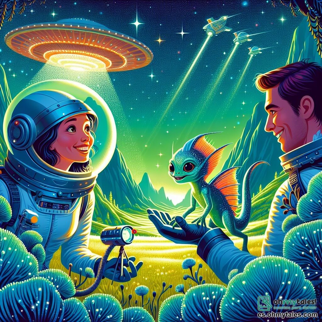 Ilustración que representa una escena en el misterioso planeta Aurelia, con un paisaje fantástico de colinas ondulantes cubiertas de plantas azules brillantes bajo un cielo verde esmeralda. En primer plano, una mujer astronauta, con un casco brillante y una sonrisa maravillada, observa a una pequeña criatura extraterrestre con escamas iridiscentes y grandes ojos curiosos, que se acerca tímidamente a ella. A su lado, un hombre de unos treinta años, con cabello castaño y un traje espacial, sostiene un dispositivo de medida, fascinado por el descubrimiento. La mujer extiende la mano hacia la criatura, creando un momento de conexión entre dos mundos. Al fondo, la silueta de su nave espacial se alza majestuosamente, mientras las estrellas brillan en el cielo, añadiendo un toque mágico a este encuentro intergaláctico.
