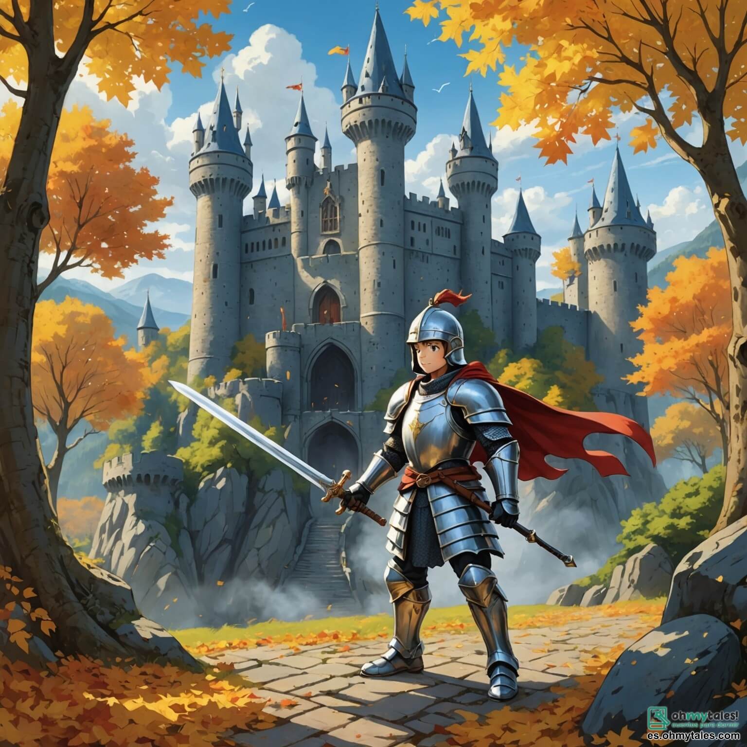 Une illustration destinée aux enfants représentant un courageux chevalier au cœur vaillant, vêtu d'une armure étincelante, brandissant une épée lumineuse, se tenant fermement devant un château majestueux aux tours élancées et aux murs de pierre grise, entouré d'un vaste et mystérieux forêt où les arbres aux feuilles dorées dansent sous le souffle du vent, tandis qu'un petit dragon espiègle, son fidèle compagnon, vole joyeusement autour de lui, prêt à l'accompagner dans sa quête pour sauver le royaume des griffes d'un maléfique Seigneur des Ombres.