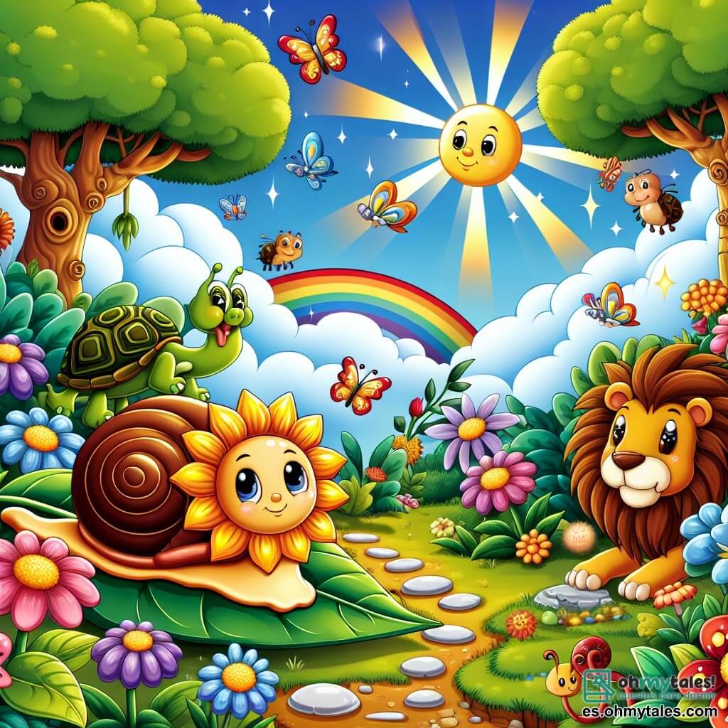 Ilustración que representa un jardín encantado, lleno de flores coloridas con pétalos vibrantes y grandes árboles con troncos torcidos, bajo un cielo azul salpicado de nubes esponjosas. En el centro, un pequeño caracol con una concha brillante como un sol, con ojos curiosos y chispeantes, se mueve lentamente sobre una hoja verde, mostrando una expresión decidida. A su alrededor, varios animales del jardín, como una tortuga con un caparazón decorado y un saltamontes de patas largas, lo animan con sonrisas admirativas, mientras un majestuoso león, con una melena dorada, observa la escena con una expresión impresionada. La situación principal muestra al caracol en plena carrera de obstáculos, listo para enfrentar el desafío con valentía e ingenio, mientras rayos de sol iluminan el jardín, creando una atmósfera mágica y alegre. Elementos adicionales incluyen mariposas coloridas volando alrededor y piedras brillantes en el camino, añadiendo a la ambientación de esta aventura de cuento de hadas.
