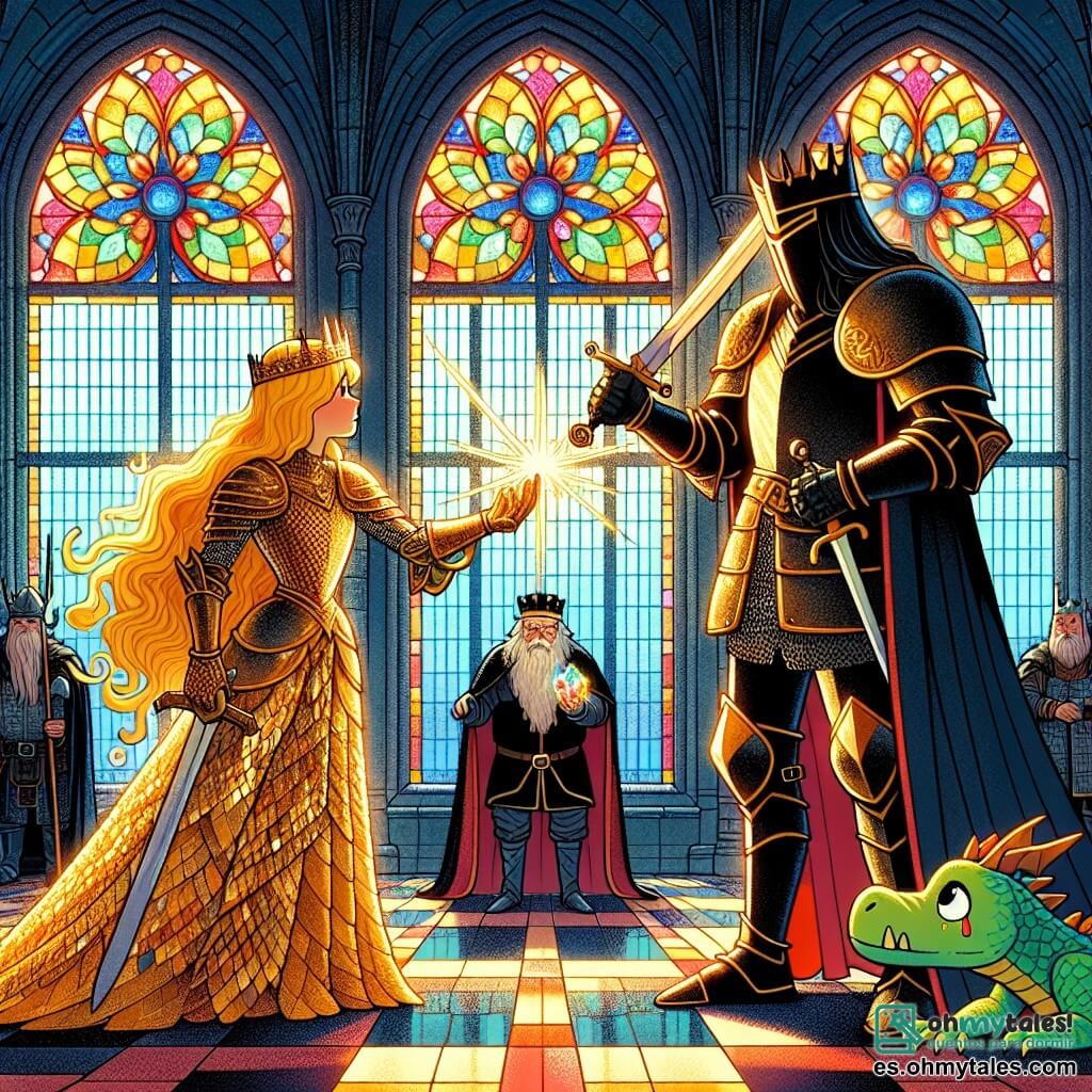 Une illustration sous forme de dessin destinée aux enfants représentant une salle de trône sombre et majestueuse, avec de grandes fenêtres en vitrail laissant passer des rayons de lumière colorée, où se tient une courageuse chevaleresse aux cheveux longs et dorés, portant une armure dorée étincelante et brandissant une épée, face à un tyran au visage sournois, vêtu d'une armure noire, qui tient la joyeuse magique scintillante dans sa main ; à leurs côtés, un petit dragon aux écailles vertes et aux yeux larmoyants, regardant avec espoir, tandis qu'un grand garde imposant, avec une barbe hirsute et une lance, se tient en arrière-plan, prêt à défendre le tyran, créant une atmosphère de tension et d'aventure.