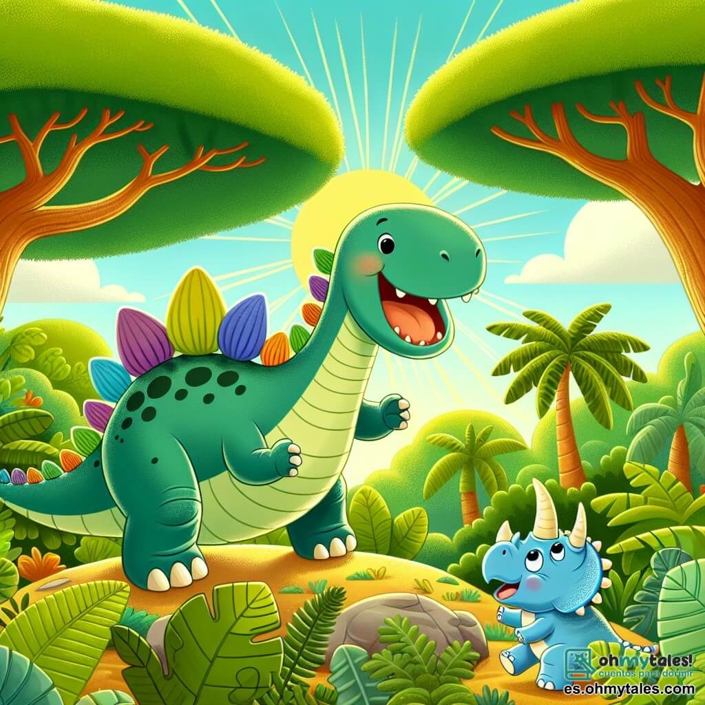 Une illustration sous forme de dessin destinée aux enfants représentant une jungle luxuriante avec des arbres géants et des feuilles vertes, où un stégosaure joyeux aux grandes plaques dorsales colorées joue avec un triceratops aux cornes bien marquées, tous deux riant ensemble sous un ciel ensoleillé, tandis qu'une douce diplodocus les observe en souriant, le tout évoquant un moment de camaraderie et de joie au cœur d'une aventure amicale.