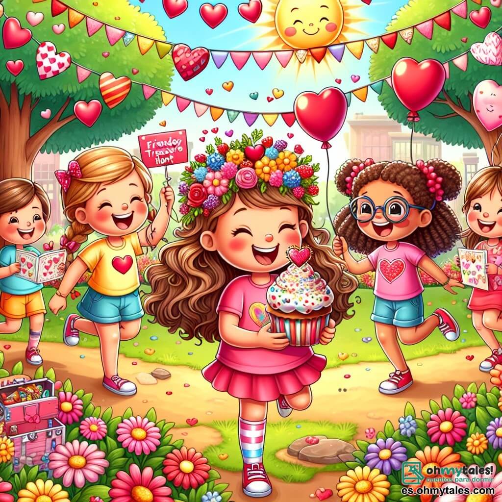 Ilustración que representa una escena alegre en un parque soleado, lleno de flores coloridas y árboles verdes. En el centro, un grupo de cuatro niñas de unos nueve años, todas sonriendo y llenas de energía. Una de ellas, con cabello rizado y una diadema de corazones rojos, sostiene un gran cupcake decorado con glaseado colorido. Otra, con trenzas y una camiseta rosa, lee una tarjeta con un mensaje de amistad. La tercera, con cabello liso y castaño, lleva una camiseta con estampado de corazones y sostiene un globo en forma de corazón. La última, con gafas y cabello recogido en una coleta, sonríe sosteniendo un pequeño cofre lleno de caramelos. La situación principal muestra a las niñas celebrando su búsqueda del tesoro de San Valentín, rodeadas de decoraciones festivas como guirnaldas de corazones y globos flotantes. Risas y expresiones de alegría iluminan sus rostros mientras comparten dulces y mensajes de amistad. Al fondo, otros niños juegan y se divierten, añadiendo a la atmósfera festiva del parque.