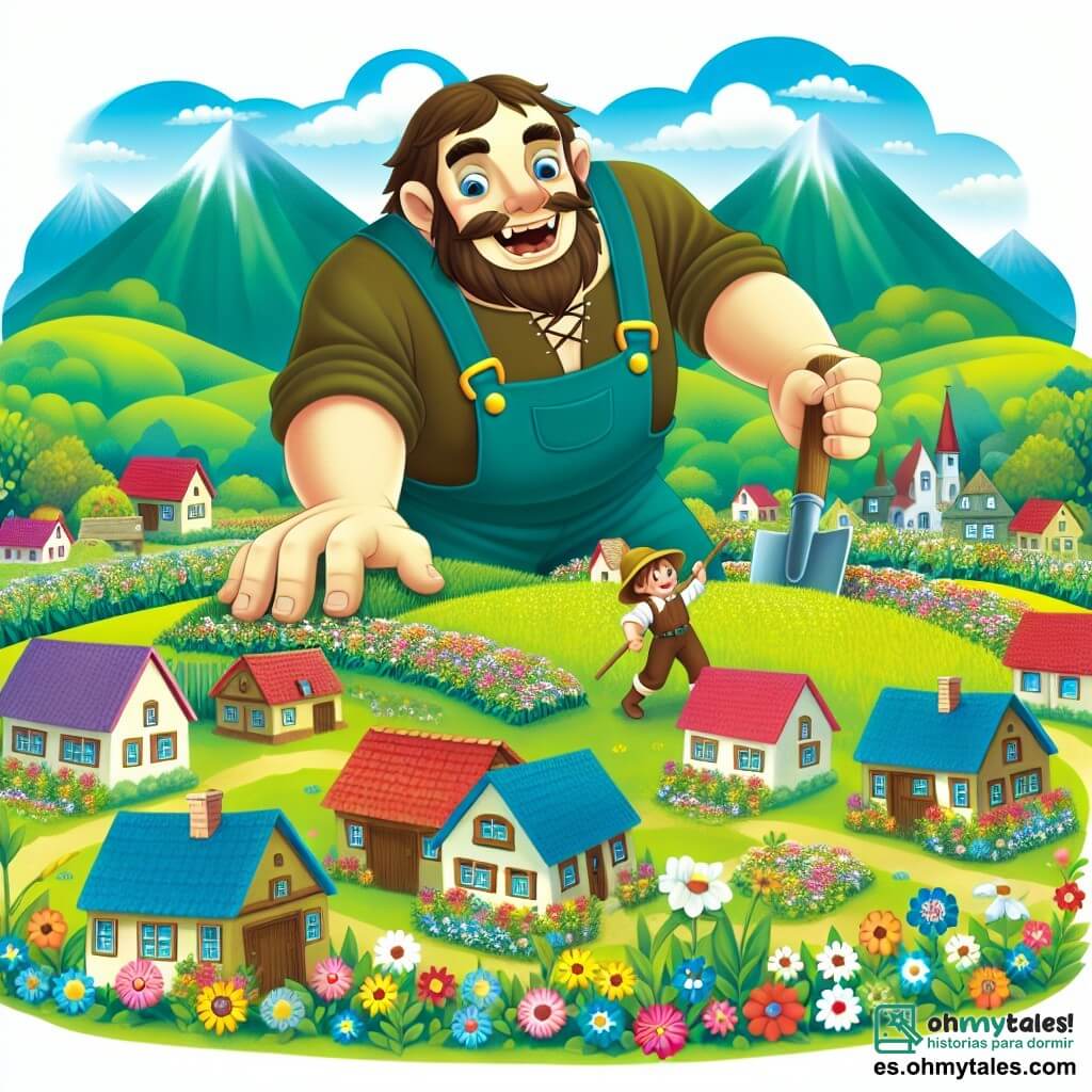 Une illustration destinée aux enfants représentant un géant souriant, travaillant dans un champ verdoyant entouré de fleurs colorées, avec un petit fermier à ses côtés, dans un petit village paisible niché au creux des montagnes.