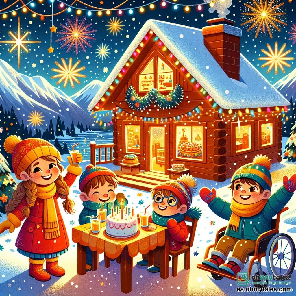 Ilustración que representa una acogedora cabaña de madera, rodeada de montañas nevadas que brillan bajo un cielo estrellado. La cabaña está decorada con guirnaldas luminosas de colores y copos de nieve que caen suavemente. En primer plano, una niña de unos 8 años, con cabello rizado y una gran sonrisa, lleva un abrigo rojo brillante y guantes amarillos. A su lado, un niño de 9 años, curioso, con gafas y una bufanda azul, levanta los brazos al aire, maravillado por el espectáculo. Otro niño, de 7 años, sonriente y sentado en una silla de ruedas, lleva un gorro de nieve y mira con ojos brillantes, sosteniendo un pequeño juguete en forma de estrella. La escena principal muestra a los tres niños reunidos alrededor de una mesa decorada con pasteles y bebidas, levantando sus vasos de jugo de manzana para brindar alegremente por el Año Nuevo. Fuegos artificiales coloridos iluminan el cielo de fondo, creando una atmósfera festiva y mágica. Estrellas brillantes caen suavemente a su alrededor, añadiendo un toque de fantasía a este momento de celebración.