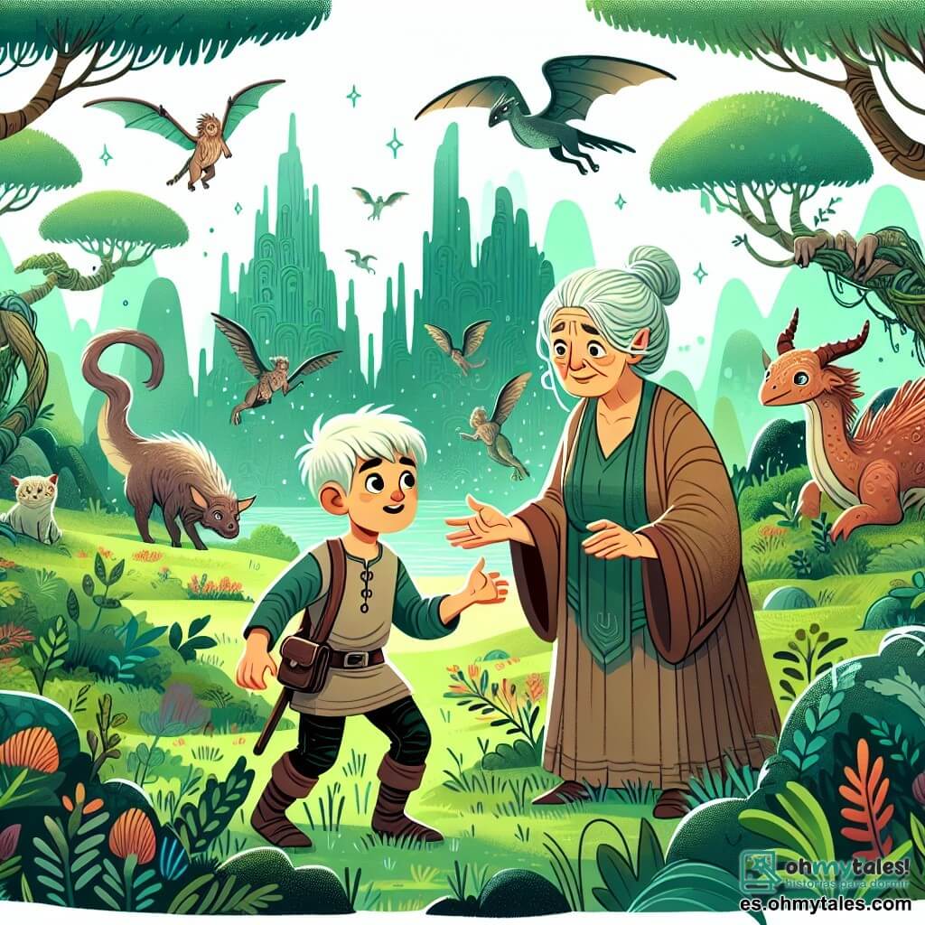 Une illustration destinée aux enfants représentant un garçon curieux et courageux se retrouvant dans un monde ancien et mystérieux, accompagné d'une vieille dame sage aux cheveux argentés, dans un prado verdoyant et frondant, entouré de créatures étranges et fascinantes.