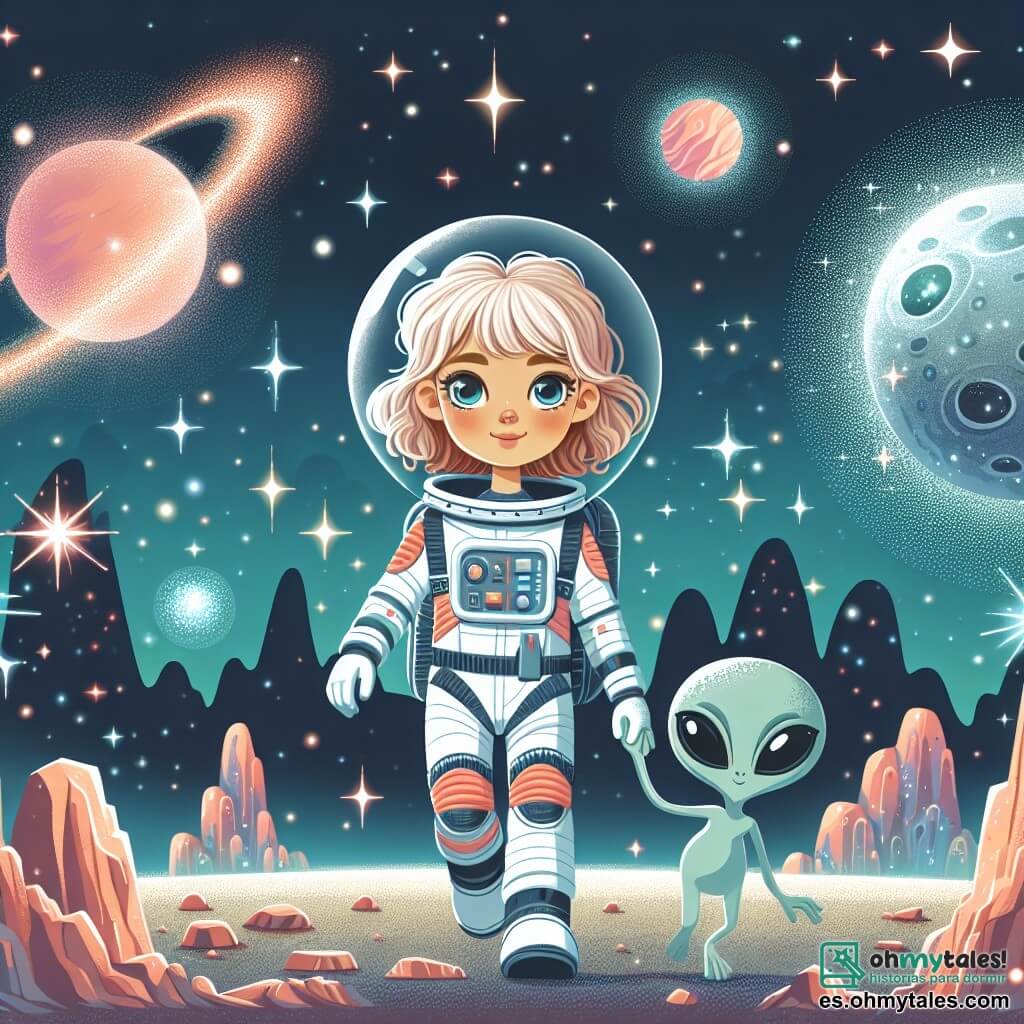 Une illustration destinée aux enfants représentant une jeune femme astronaute courageuse et déterminée, accompagnée d'un extraterrestre amical, sur la planète Zetar, un monde mystérieux entouré de nébuleuses chatoyantes et d'astéroïdes scintillants.