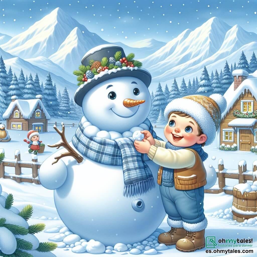 Une illustration destinée aux enfants représentant un jeune garçon joyeux, accompagné de son meilleur ami, en train de construire un grand muñeco de nieve dans un paisible village hivernal entouré de montagnes enneigées.