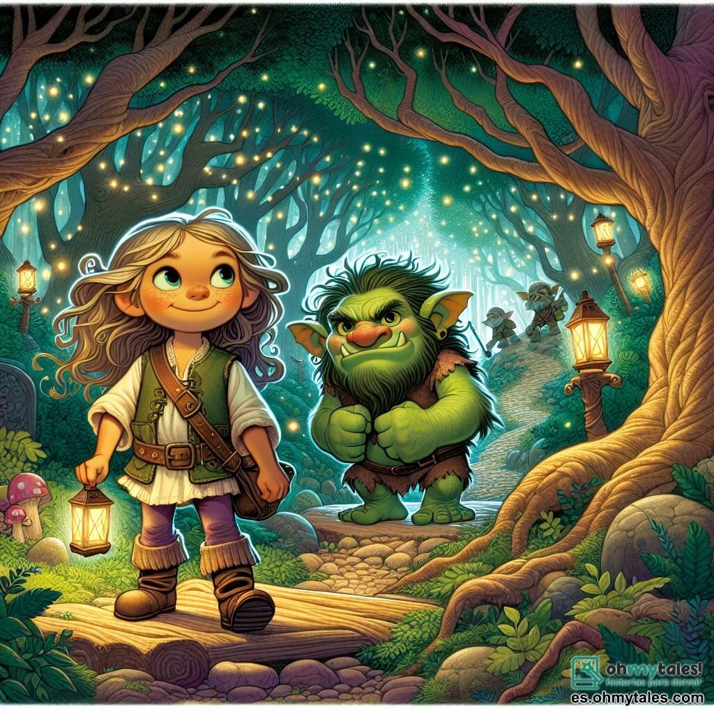 Une illustration destinée aux enfants représentant un petit troll malicieux, une fillette courageuse et le majestueux bosque encantado, où se déroule une aventure magique pleine de mystères et de défis.