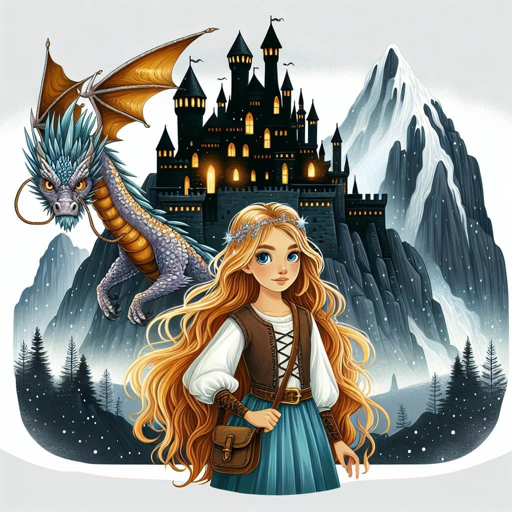 Une illustration destinée aux enfants représentant une jeune guerrière intrépide, aux longs cheveux dorés et aux yeux étincelants, se tenant fièrement devant une sombre forteresse perchée au sommet d'une montagne embrumée, accompagnée d'un sage dragon aux écailles scintillantes.