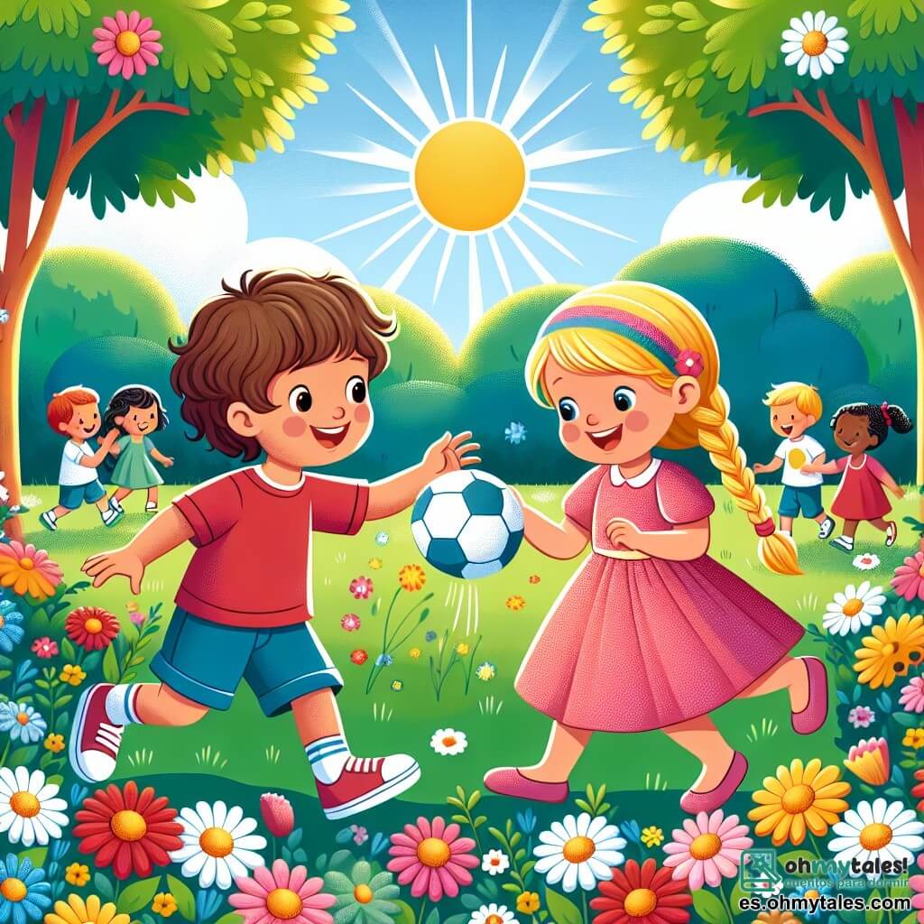 Une illustration sous forme de dessin destinée aux enfants représentant un parc ensoleillé rempli de fleurs colorées et d'arbres verdoyants, où un garçon de 3 ans aux cheveux bruns et bouclés, vêtu d'un t-shirt rouge et de shorts bleus, s'amuse à lancer une balle vers une petite fille aux cheveux blonds et tressés, portant une robe rose, qui rit en essayant de rattraper la balle, symbolisant l'amitié et l'égalité des genres à travers le jeu, avec d'autres enfants de différentes origines jouant joyeusement autour d'eux.