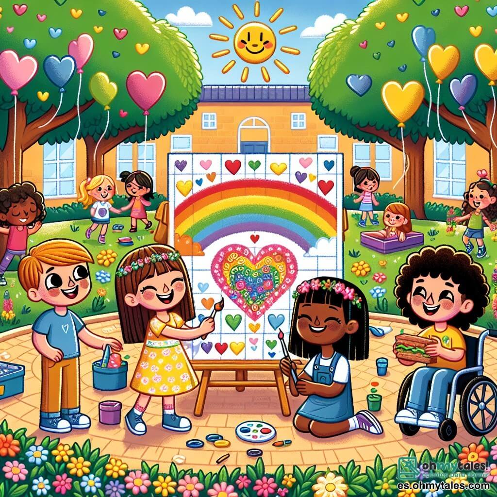 Ilustración que representa una escena en un patio escolar soleado, rodeado de grandes árboles con hojas verdes y un jardín colorido lleno de flores brillantes. En el centro, un grupo de cuatro niños se encuentra alrededor de un gran mural colorido, donde están dibujados corazones, sonrisas y un arcoíris, simbolizando la amistad y el respeto. Entre ellos, una niña de siete años con cabello castaño, que lleva una diadema de flores, sonríe alegremente mostrando el mural. A su lado, otra niña, también de siete años, con cabello rizado y un vestido amarillo, ríe mientras sostiene un sándwich. Una tercera niña, de siete años, está en una silla de ruedas, con gafas y una camiseta violeta, dibujando un sol en el mural con una gran sonrisa. Por último, un niño de siete años, con cabello castaño y una camiseta azul, los observa con asombro, sus ojos brillando de alegría. La situación principal muestra a estos niños celebrando su amistad, unidos contra el acoso, compartiendo risas y animándose mutuamente. Al fondo, otros niños juegan juntos, ilustrando un ambiente escolar positivo e inclusivo. Globos coloridos flotan en el cielo, añadiendo un toque de alegría a esta escena llena de vida y armonía.
