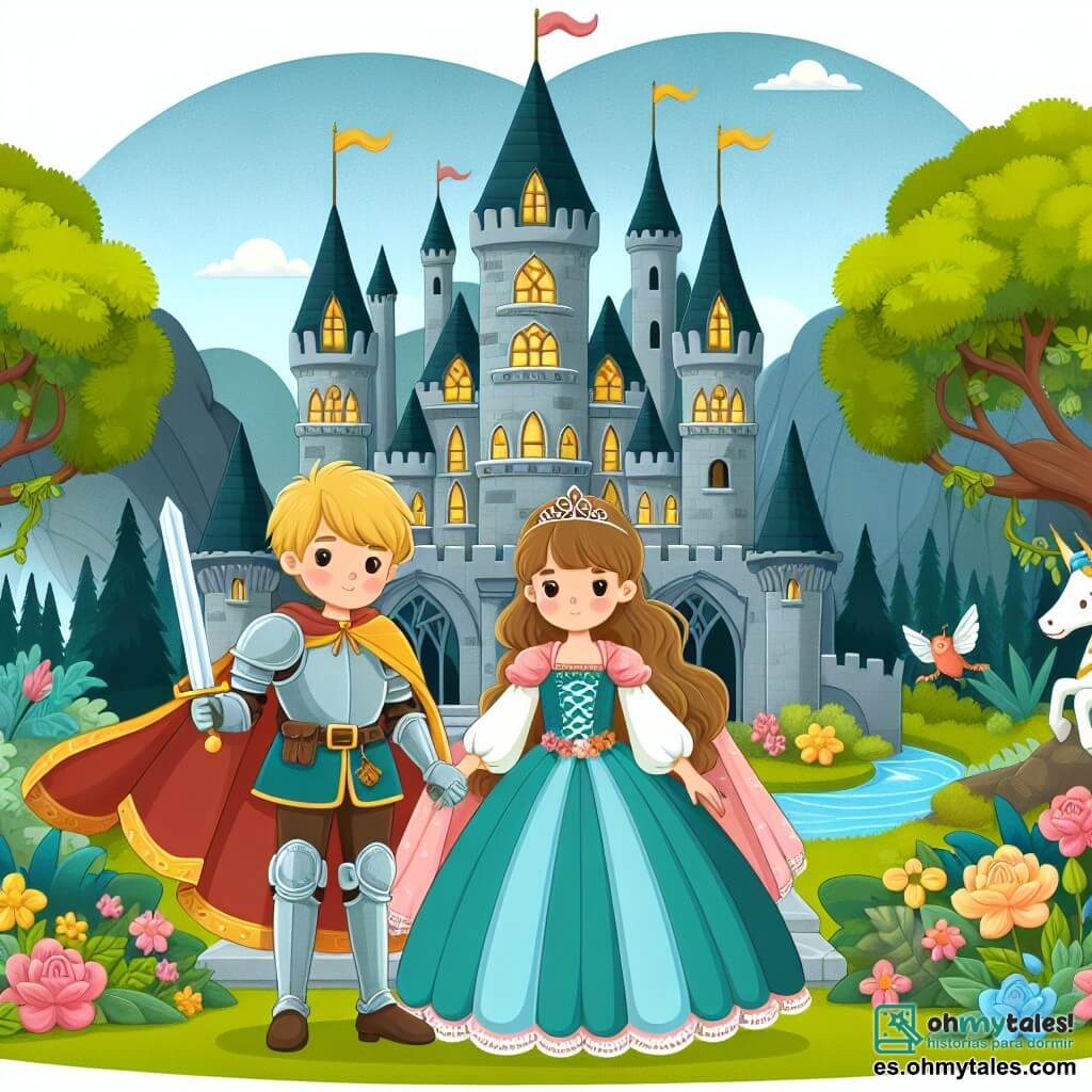 Une illustration destinée aux enfants représentant une jeune princesse courageuse, accompagnée d'un vaillant chevalier, se tenant devant un magnifique château enchanté entouré de jardins fleuris et d'un mystérieux bosquet.