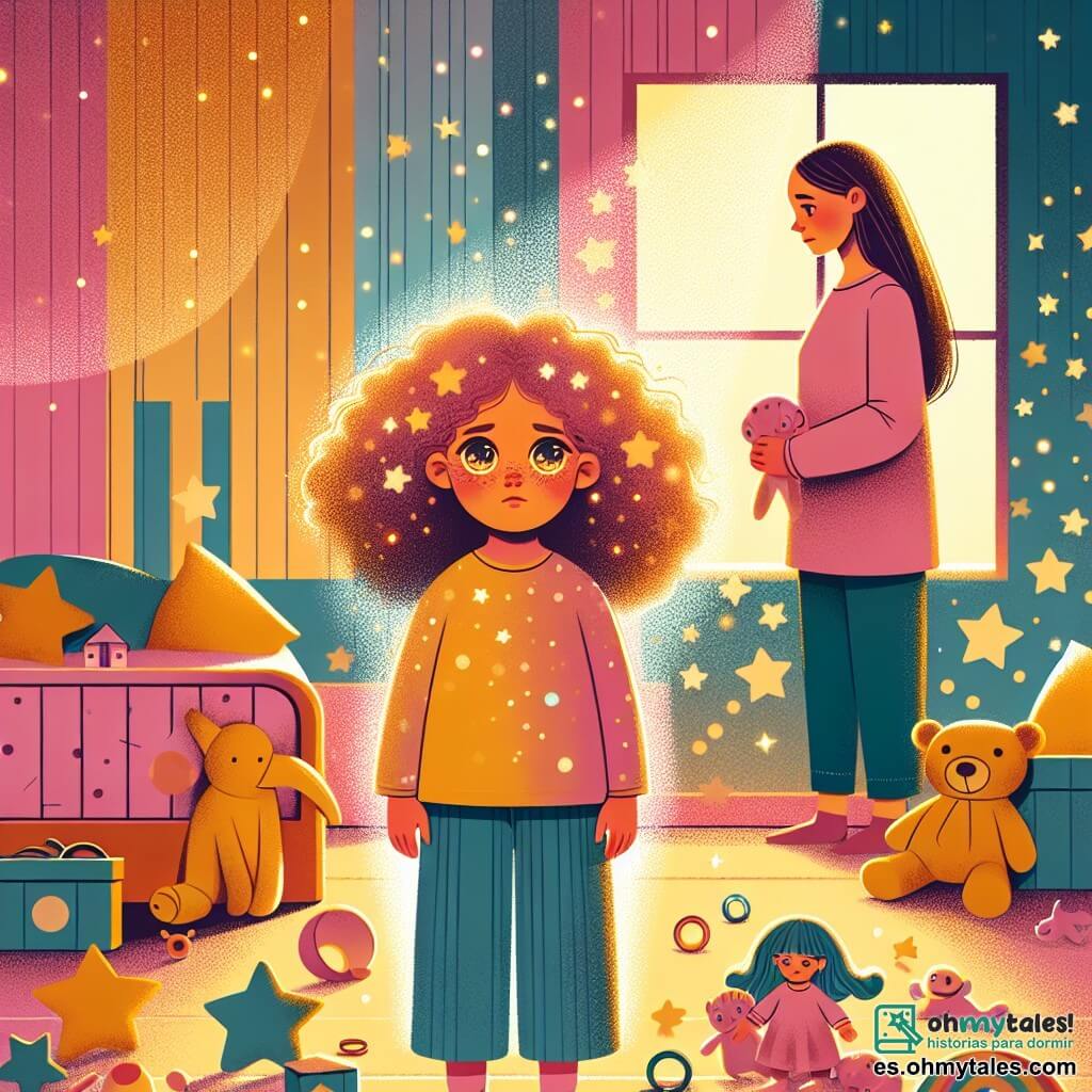 Une illustration destinée aux enfants représentant une petite fille aux cheveux bouclés, les yeux pétillants mais parfois tristes, se tenant au milieu d'une pièce colorée où des étoiles brillent sur les murs, symbolisant son monde en déséquilibre suite à la séparation de ses parents, tandis qu'une douce maman, à la voix réconfortante, se tient à ses côtés, entourées de jouets éparpillés et de peluches, dans un appartement chaleureux mais empreint de mélancolie.