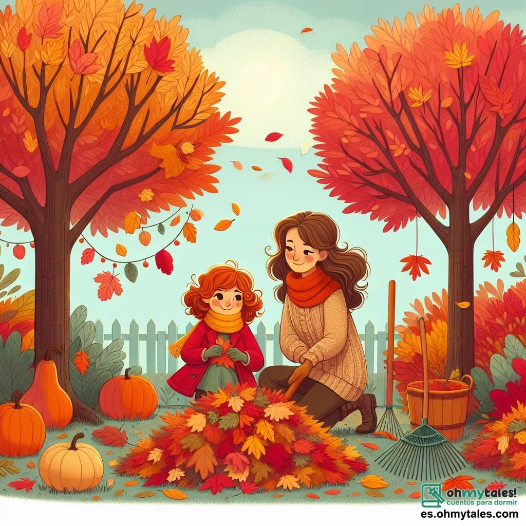 Ilustración que representa un jardín de otoño vibrante de colores, con hojas rojas, amarillas y naranjas cayendo de majestuosos árboles. En el centro, una niña de 7 años, con cabello castaño rizado, vestida con un abrigo rojo y una bufanda amarilla, está agachada recogiendo hojas en un gran montón. A su lado, su mamá, una mujer de unos 35 años, con cabello largo y castaño, vestida con un suéter de lana beige, sonríe mientras sostiene un rastrillo. Juntas se divierten creando una hermosa montaña de hojas, rodeadas de calabazas decorativas y guirnaldas de hojas colgadas de las ramas. El cielo es de un azul claro y el sol brilla suavemente, iluminando la escena con una luz cálida y acogedora.