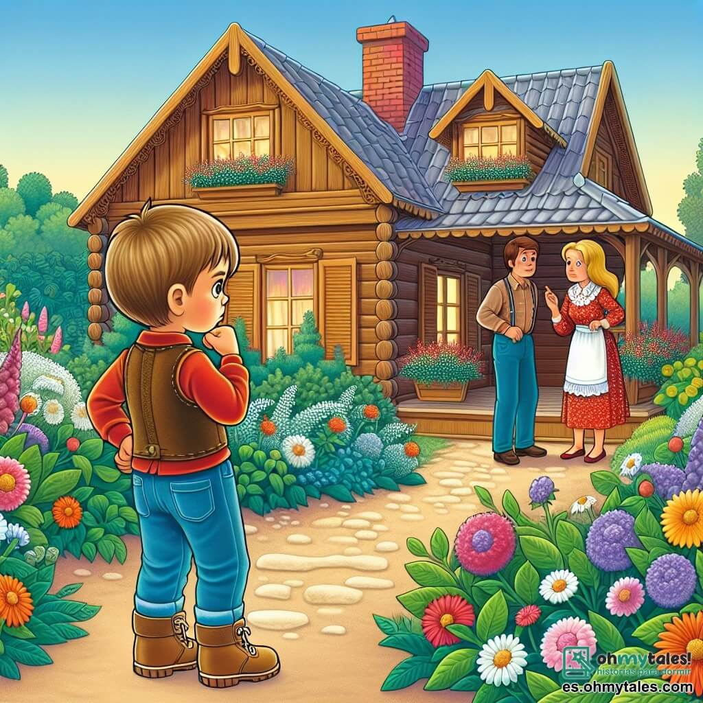 Une illustration destinée aux enfants représentant un petit garçon curieux et inquiet, observant ses parents se disputer dans un charmant cottage en bois entouré d'un jardin fleuri et coloré.