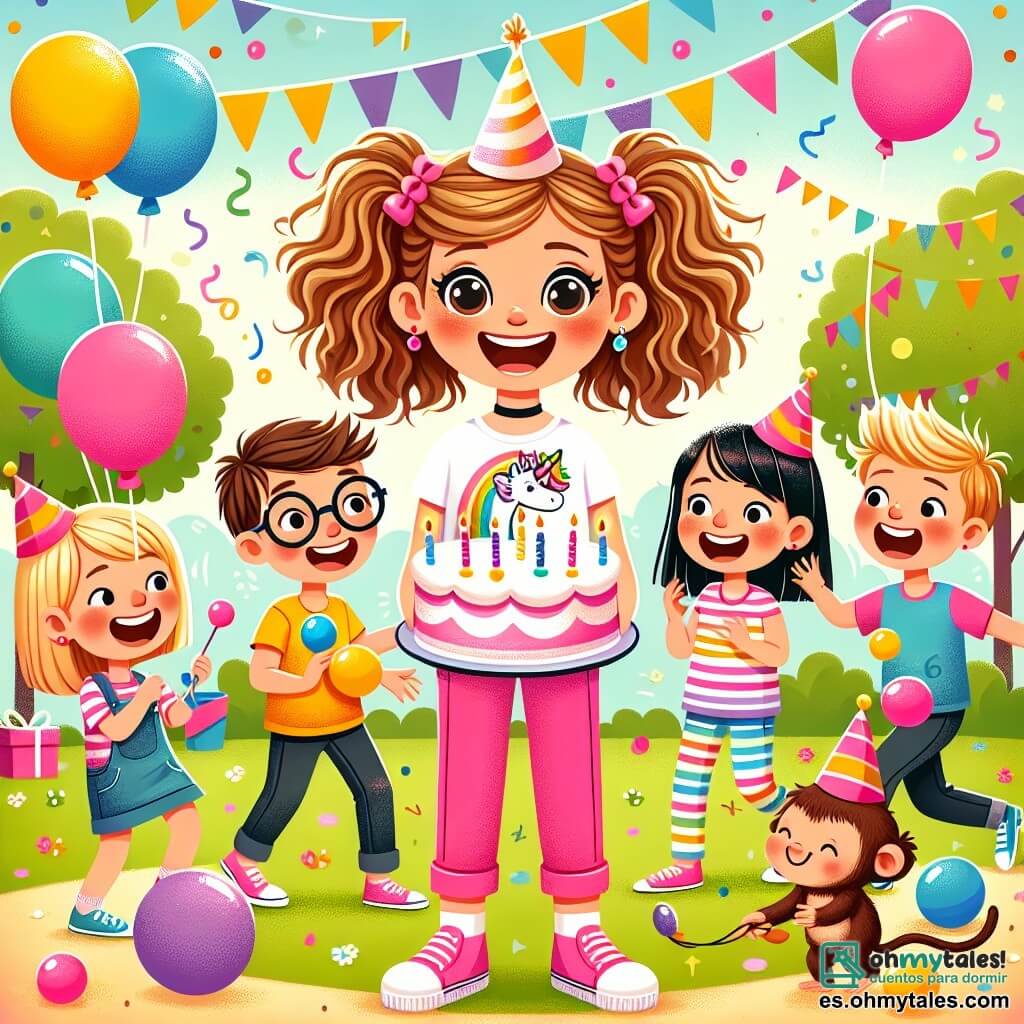 Une illustration sous forme de dessin destinée aux enfants représentant un parc coloré et ensoleillé, avec une fille de 10 ans aux cheveux bruns et bouclés, portant une t-shirt à motifs de licorne et des pantalons rose vif, souriant joyeusement en tenant un gros gâteau d'anniversaire décoré de bougies, entourée de trois amis : un garçon aux cheveux blonds et aux lunettes, qui jongle avec des balles colorées, une fille aux cheveux raides et noirs, tenant des ballons multicolores, et un autre garçon aux cheveux châtains, riant en essayant de récupérer une gorra volée par un petit singe espiègle, tandis qu'une atmosphère festive et joyeuse règne autour d'eux, avec des décorations colorées et des rires en arrière-plan.