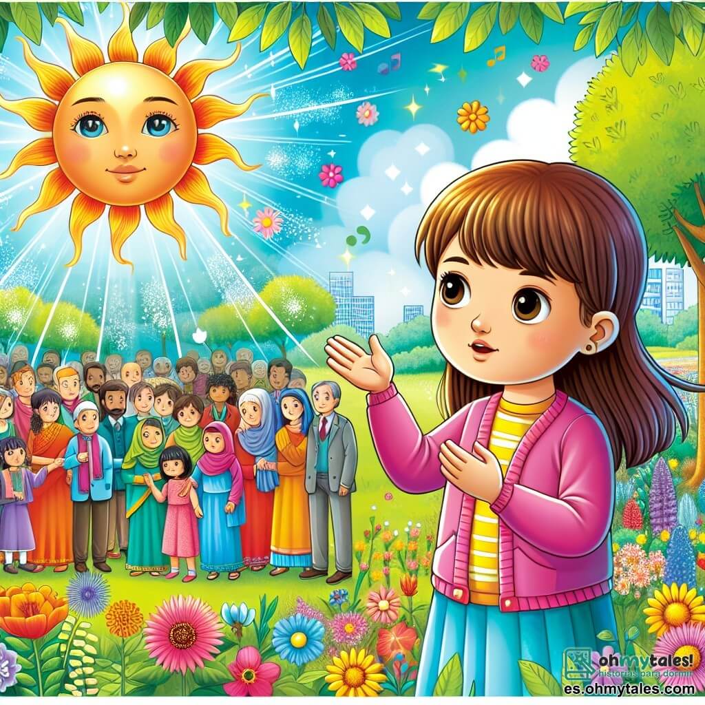 Une illustration destinée aux enfants représentant une petite fille curieuse, observant un soleil étincelant et des fleurs colorées dans un jardin verdoyant, accompagnée de sa famille et de ses amis, dans une communauté engagée à protéger la planète contre les effets du changement climatique.