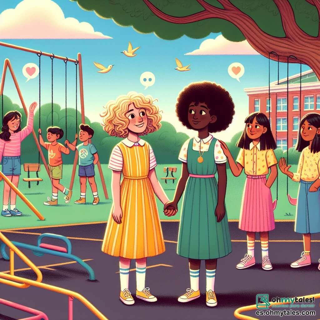 Ilustración que representa un gran patio de recreo de una escuela, lleno de juegos coloridos como columpios y un tobogán, con un inmenso árbol que ofrece sombra. En el centro, un grupo de cuatro chicas, todas de aproximadamente 10 años, se agrupan. Una chica de cabello rizado y dorado, con un vestido amarillo, sonríe alegremente. A su lado, una chica de piel oscura y cabello rizado, que lleva una camiseta azul, mira con determinación. Otra chica, con cabello negro y liso, vestida con una falda rosa, extiende la mano hacia una cuarta chica, que tiene la piel clara y rasgos asiáticos, vestida con una blusa verde, mostrando un gesto de invitación. La situación principal muestra al grupo de chicas enfrentándose a un grupo de niños al fondo, que parecen dudosos y un poco avergonzados, ilustrando un momento de valentía y solidaridad. Burbujas de diálogo coloridas flotan alrededor, expresando palabras como "amistad", "respeto" e "inclusión", mientras el sol brilla en un cielo azul claro, simbolizando la esperanza y la positividad.