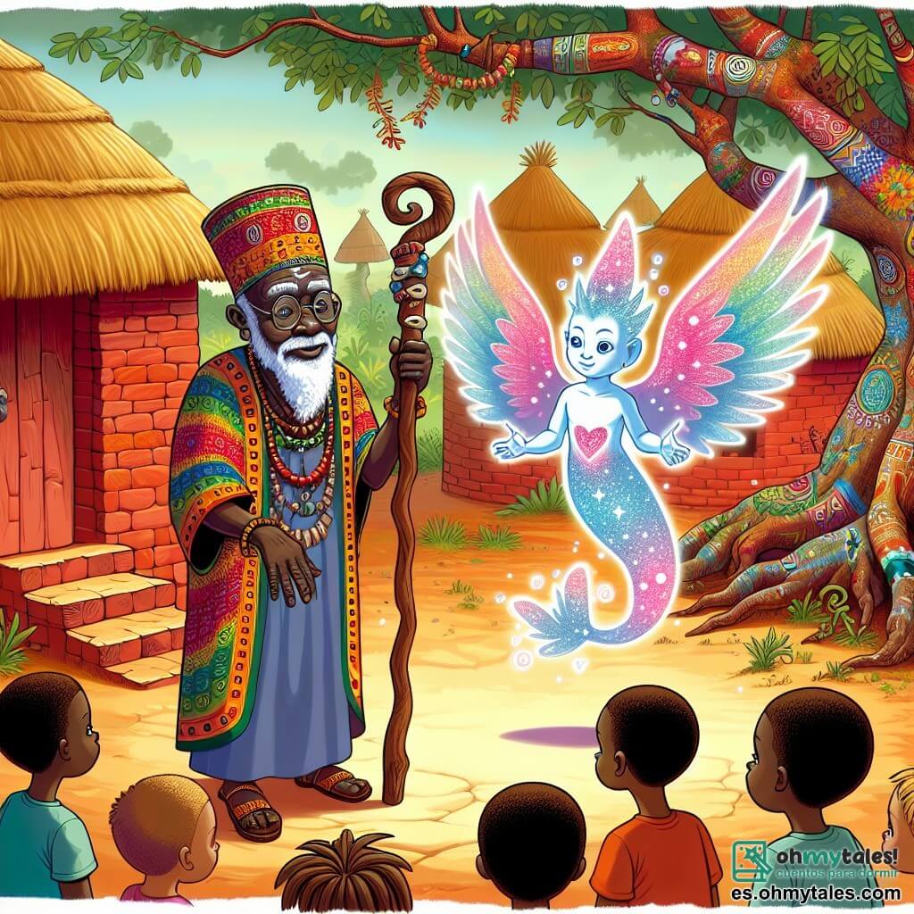 Une illustration sous forme de dessin destinée aux enfants représentant un village africain vibrant et coloré, avec des maisons en terre cuite et des arbres majestueux en arrière-plan, où un homme âgé à la peau ridée comme l'écorce d'un arbre, portant un vêtement traditionnel aux motifs colorés, se tient au centre, tenant un bâton sculpté en forme de serpent, tandis qu'un petit esprit gardien lumineux avec des ailes iridescentes flotte à ses côtés, tous deux regardant avec détermination un groupe d'enfants curieux qui les entourent, illustrant le moment où l'homme partage sa sagesse sur l'importance de vivre en harmonie avec la nature.