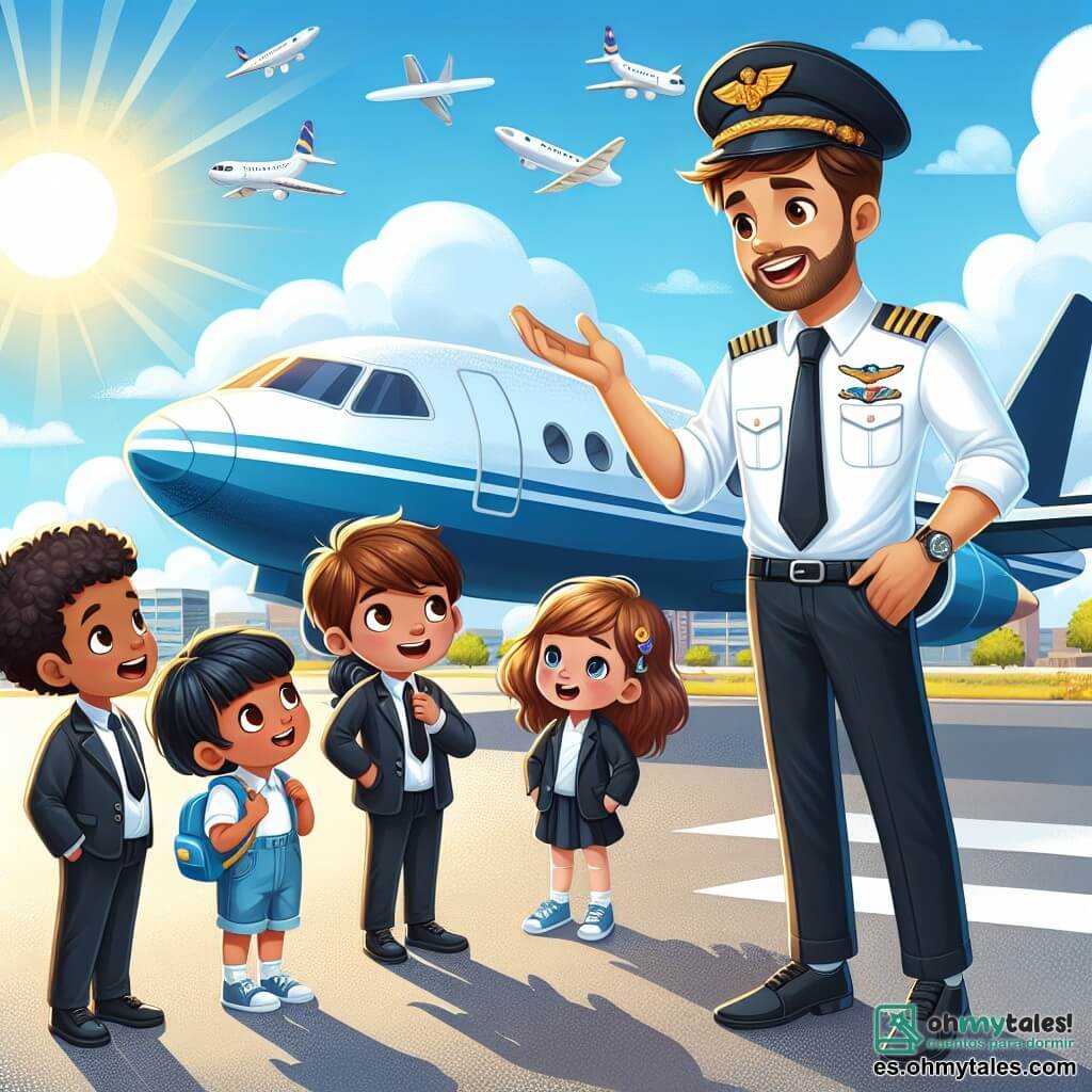 Ilustración que representa un aeropuerto soleado, con un cielo azul brillante y nubes blancas esponjosas. En primer plano, un hombre sonriente, vestido de piloto con una camisa blanca, una corbata negra y una chaqueta azul marino adornada con insignias, se encuentra al lado de un avión bimotor brillante de color azul. Tiene el cabello castaño y una barba bien cuidada, y explica con entusiasmo el funcionamiento del avión a un grupo de cuatro niños. Entre los niños, una niña de unos 10 años, con largos cabellos castaños y una gran curiosidad en los ojos, escucha atentamente. Junto a ella, un niño de unos 11 años, que lleva una gorra de piloto, hace gestos animados, mostrando su emoción. Los otros dos niños, gemelos de 9 años, compiten amistosamente, uno de ellos sosteniendo un pequeño modelo de avión de plástico. La escena captura el momento en que el piloto comparte su pasión por la aviación, rodeado de risas y asombro, con elementos gráficos como nubes en forma de caramelos, pájaros volando en el cielo y maletas coloridas a sus pies, añadiendo un toque de magia y aventura a la ilustración.