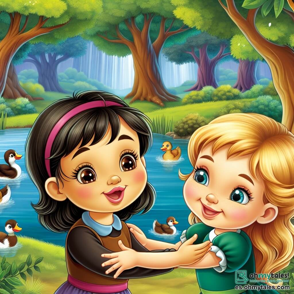 Une illustration destinée aux enfants représentant une jeune fille, pleine de curiosité et d'énergie, qui se lie d'amitié avec une fille souriante aux yeux brillants, dans un parc verdoyant entouré d'arbres majestueux et d'un magnifique lac où des patos nagent gracieusement.