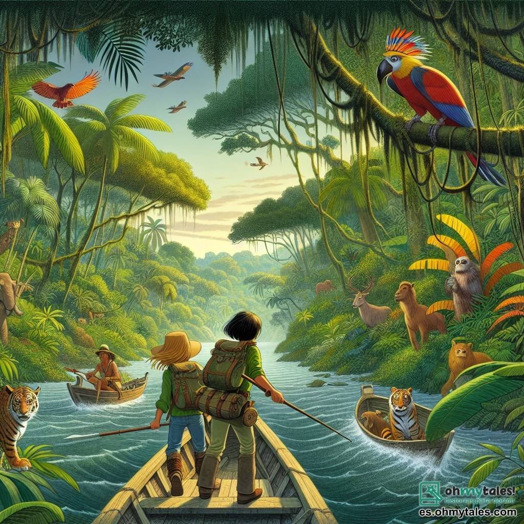 Une illustration destinée aux enfants représentant une exploratrice courageuse, accompagnée d'un mystérieux chamane, naviguant à travers une dense jungle amazonienne luxuriante et pleine de vie.