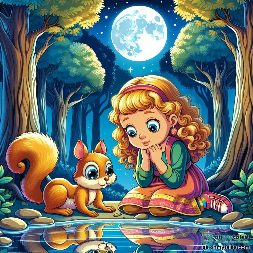 Une illustration sous forme de dessin destinée aux enfants représentant un clair de lune dans le Bosque de los Susurros, où une petite fille de 5 ans aux cheveux bouclés et dorés, vêtue d'une robe colorée, s'agenouille au bord d'un lac cristallin, fascinée par son reflet, tandis qu'une petite ardille dorée, avec de grands yeux curieux, se tient à ses côtés, les deux personnages partageant un moment de découverte et d'émerveillement au milieu des arbres majestueux aux feuilles murmurantes, symbolisant la quête de vérité et de sagesse.