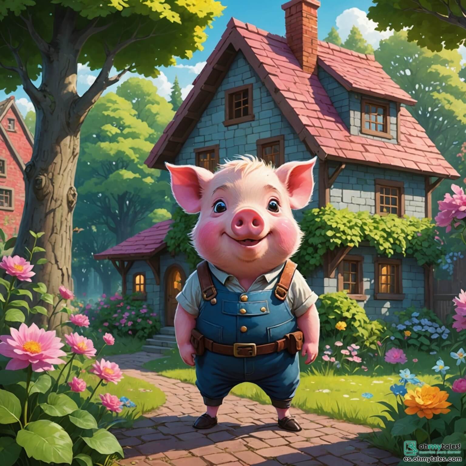 Une illustration destinée aux enfants représentant un petit cochon courageux, avec un pelage rose et des yeux pétillants de malice, se tenant fièrement devant sa maison en briques colorées, entourée de fleurs éclatantes et de buissons verdoyants, tandis qu'un loup rusé, aux crocs aiguisés et à la fourrure grise, guette dans l'ombre des grands arbres feuillus d'une forêt enchantée, où la lumière du soleil filtre à travers les feuilles, créant un jeu d'ombres et de lumières sur le sol, tandis que les autres petits cochons, un garçon travailleur au pelage doux et une petite cochonne curieuse aux oreilles pointues, s'affairent joyeusement à décorer leur jardin avec des guirlandes de fleurs et des lanternes scintillantes, prêts à célébrer leur amitié et leur courage face aux dangers qui les guettent.