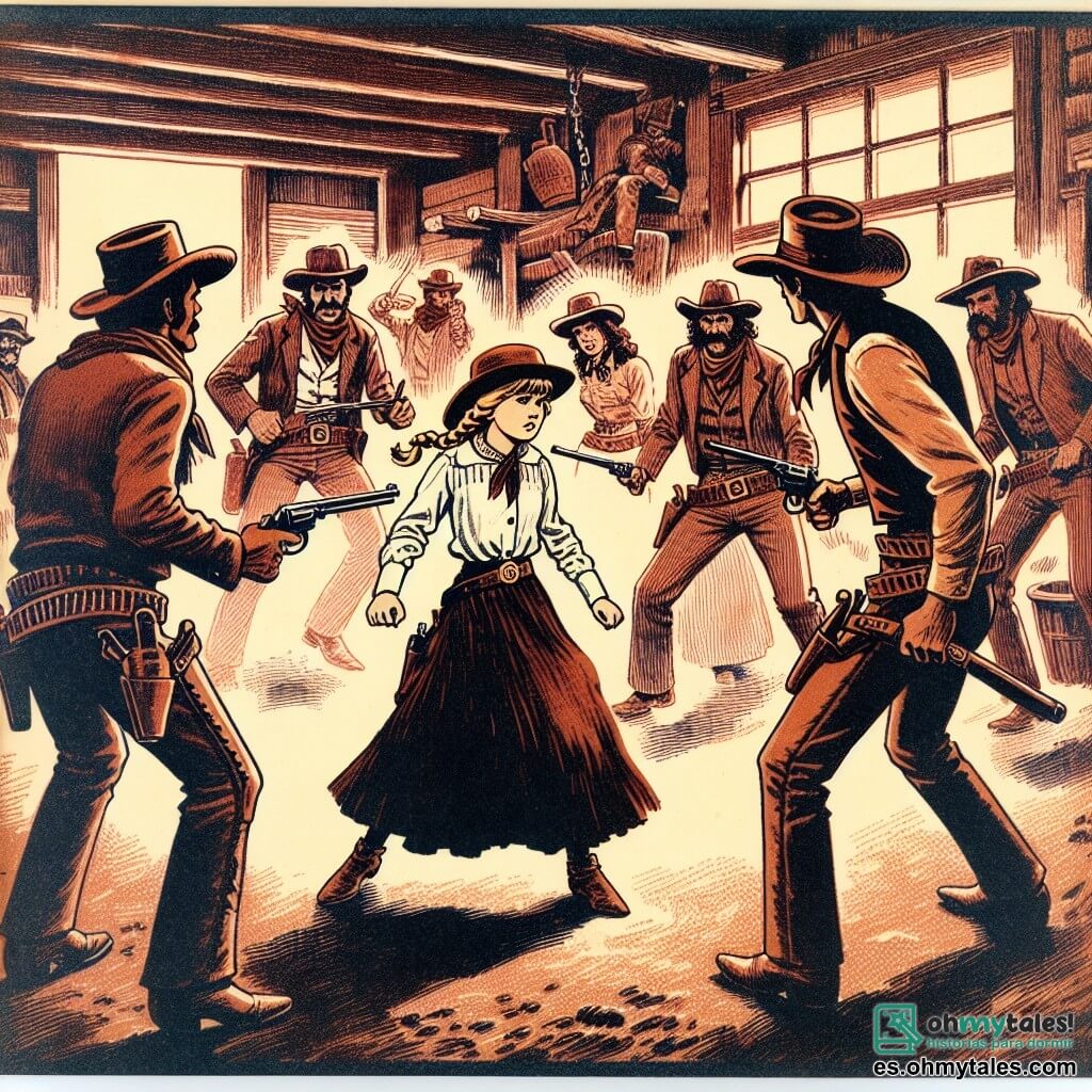 Une illustration destinée aux enfants représentant une courageuse cowgirl, affrontant des bandits dans un saloon poussiéreux du Far West, en compagnie d'un groupe de bandidos menaçants.